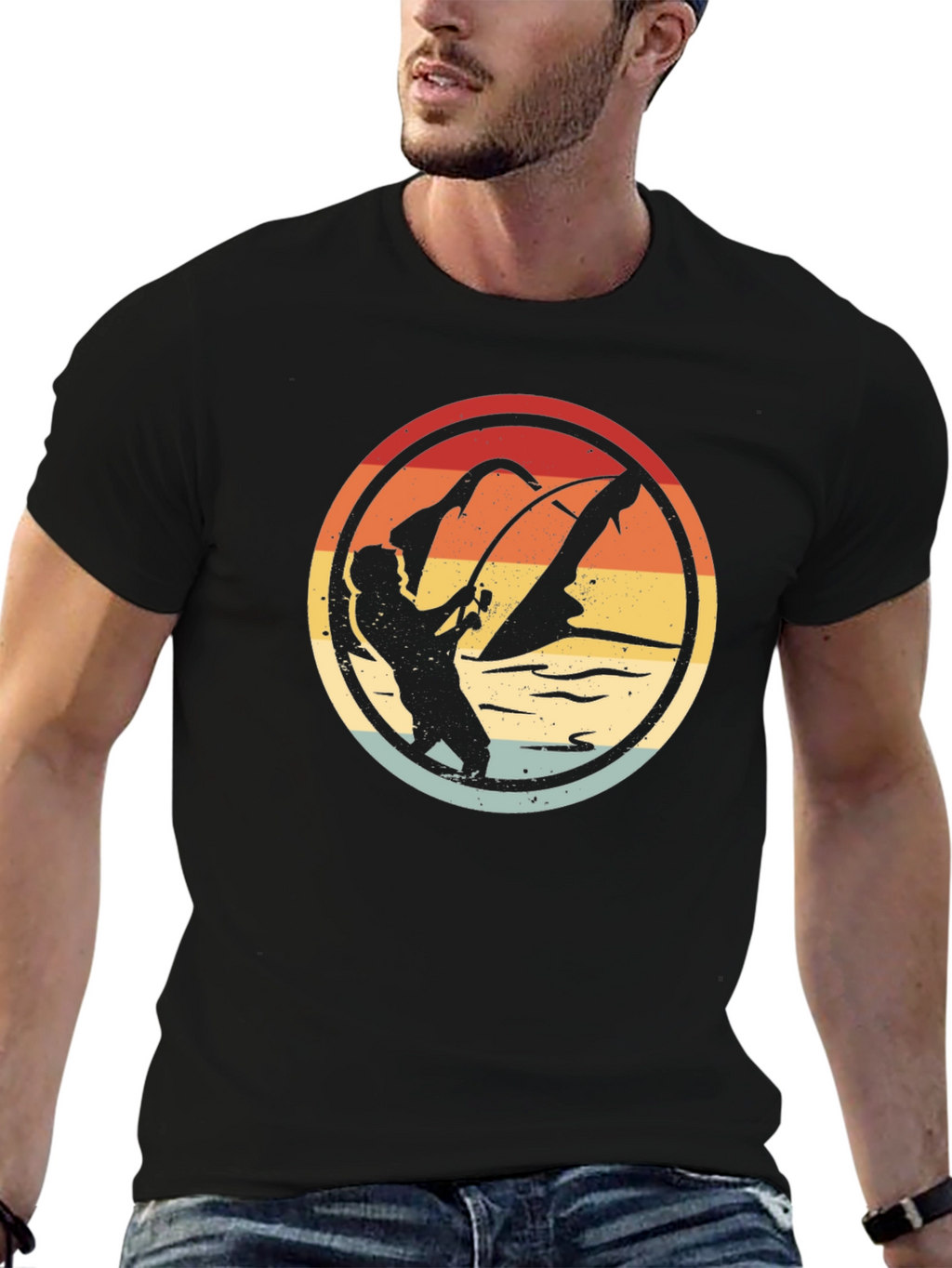Retro Fishing Graphic Tee - Black Cotton Blend
