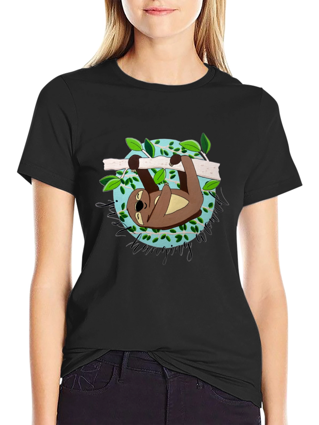 Cute Sloth Hanging Around Black T-Shirt