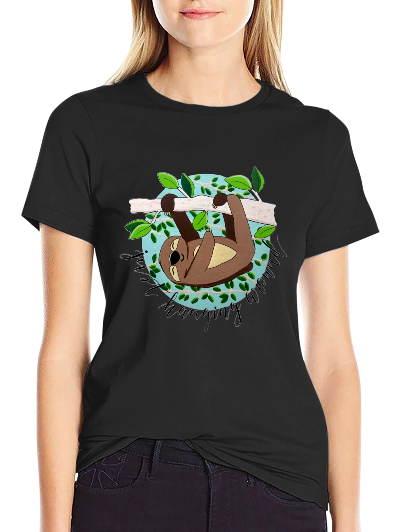 Cute Sloth Hanging Around Black T-Shirt