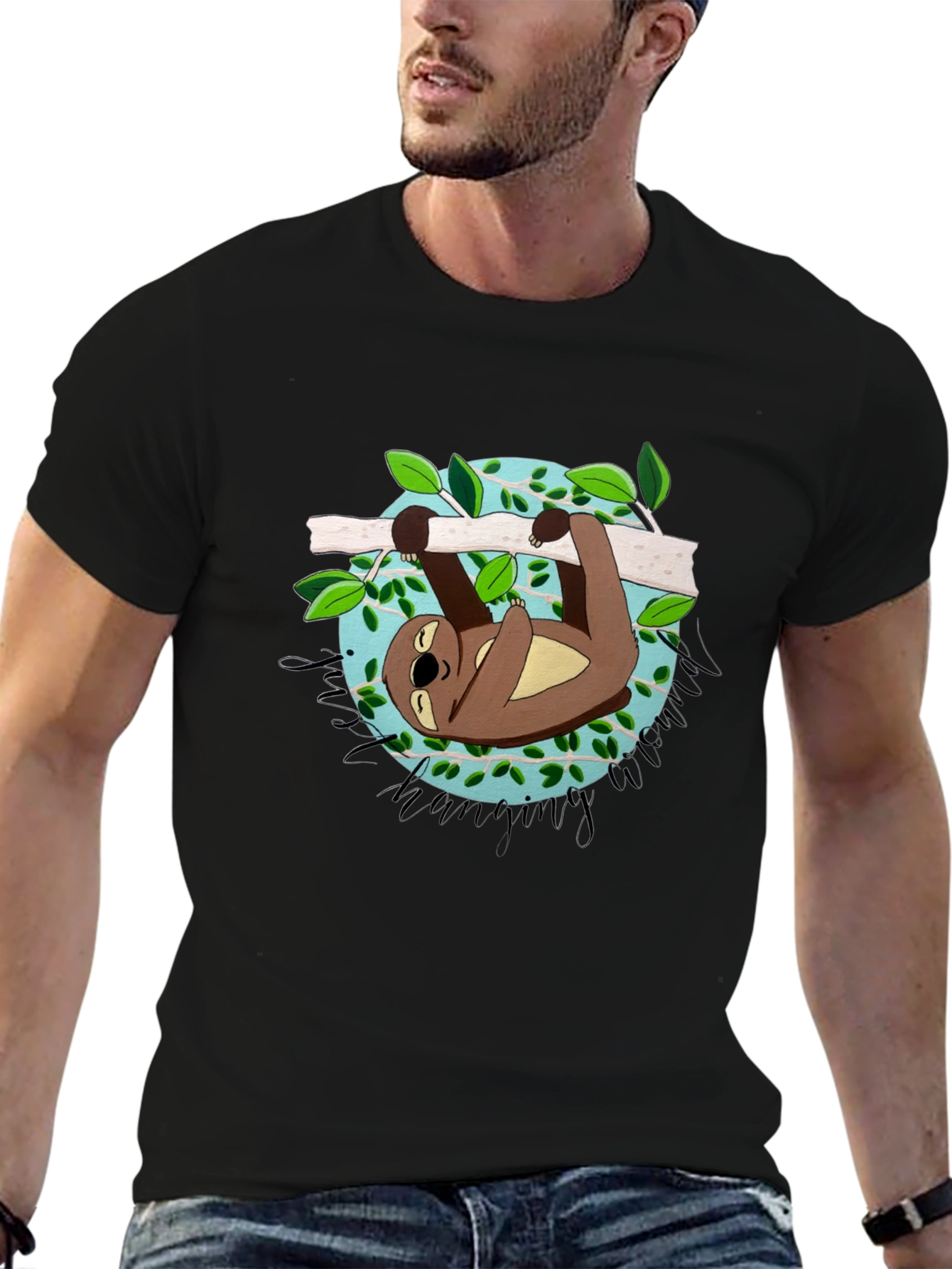 Cute Sloth Hanging Around Black T-Shirt