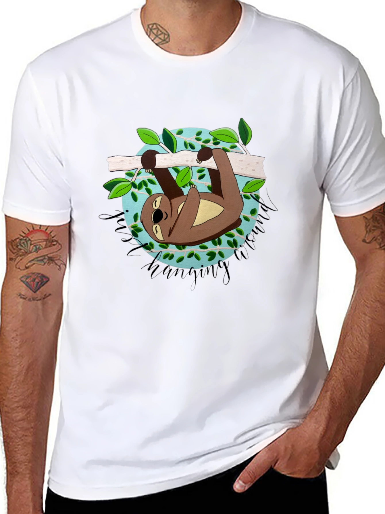 Cute Sloth Hanging Around Black T-Shirt