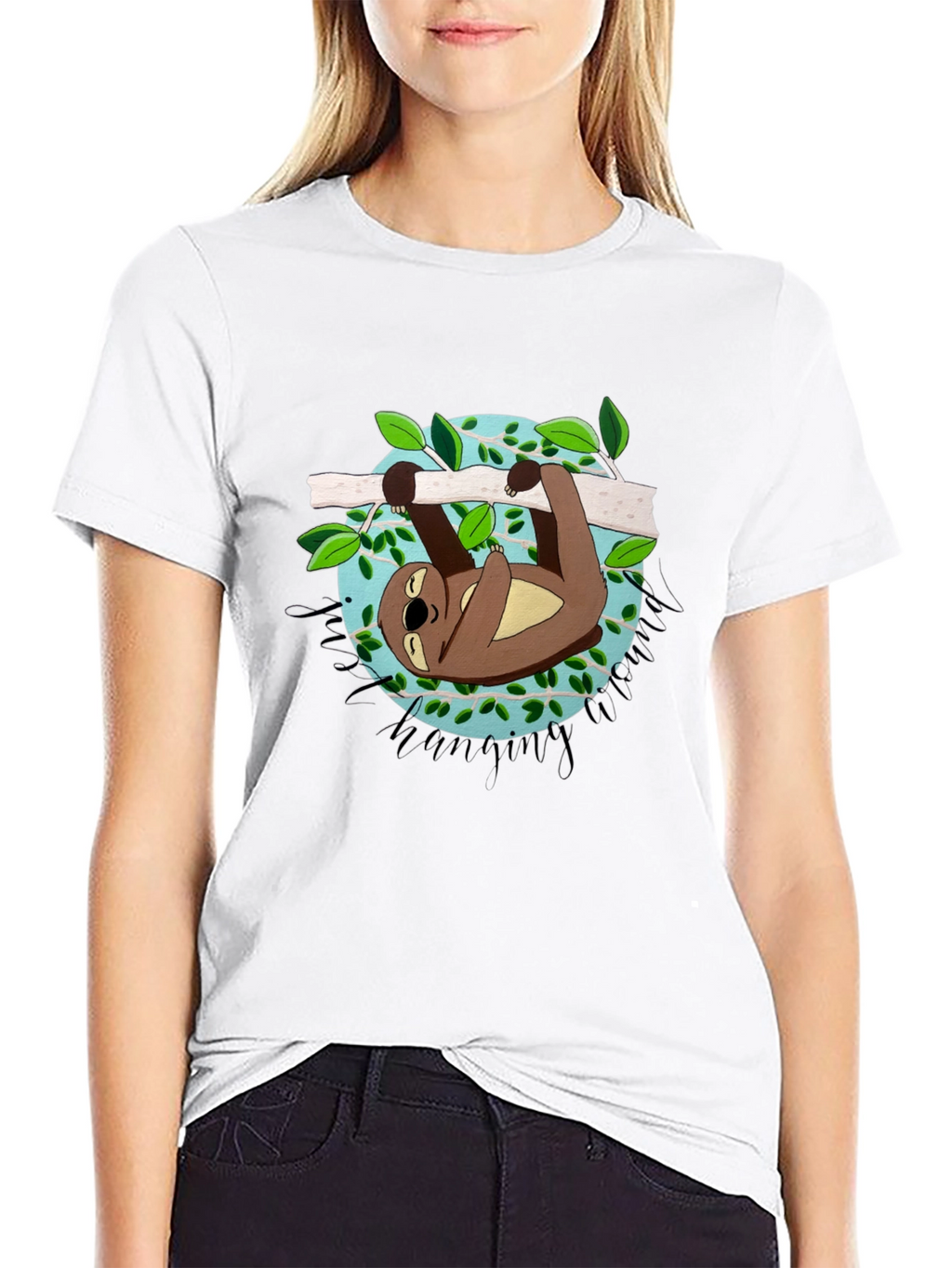 Cute Sloth Hanging Around Black T-Shirt