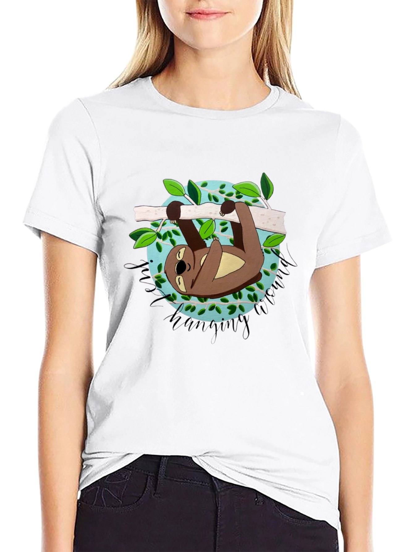 Cute Sloth Hanging Around Black T-Shirt
