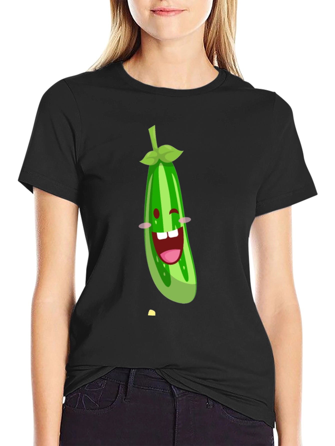 Funny Cucumber Graphic Black T-Shirt