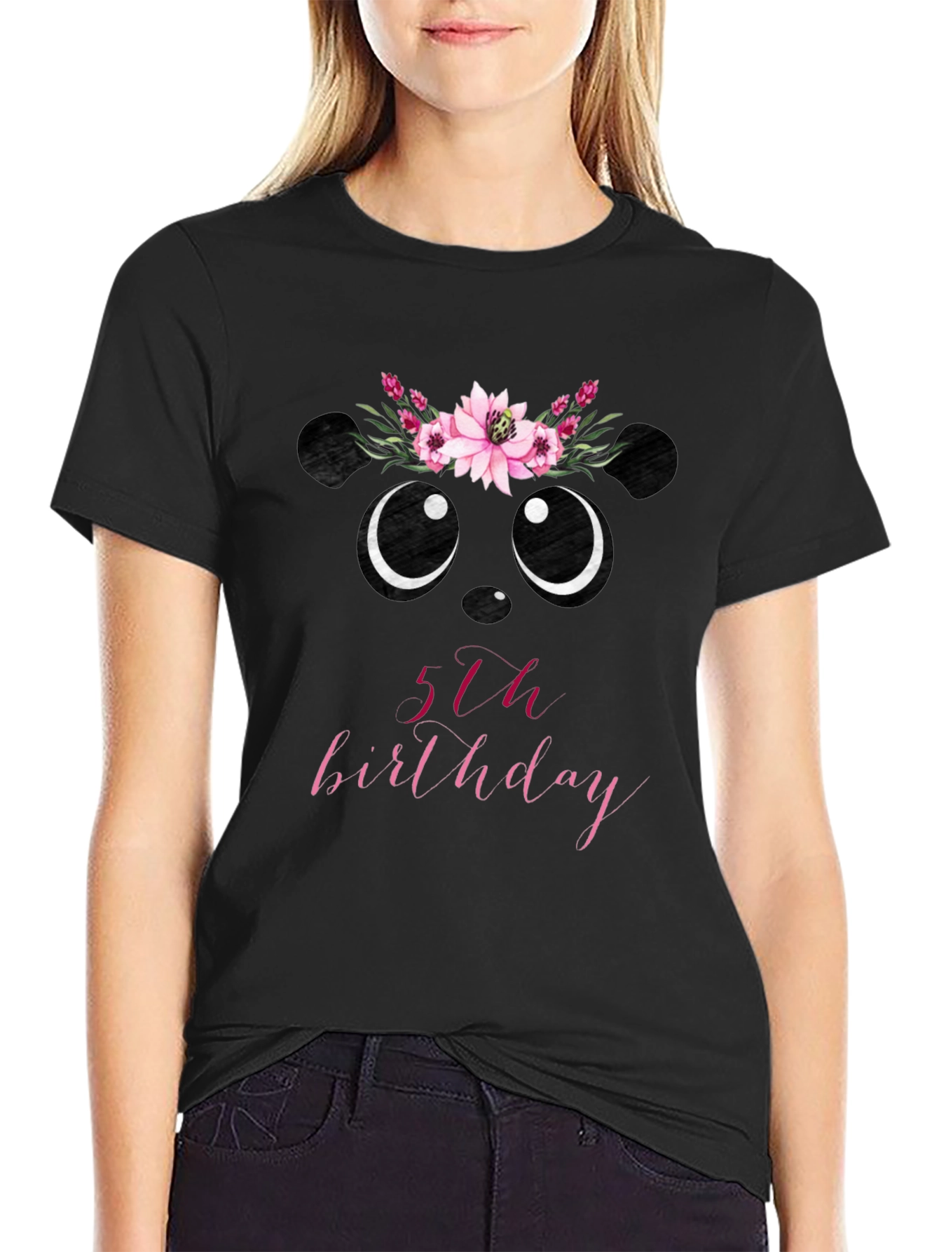 5th Birthday Panda Bear Floral T-Shirt
