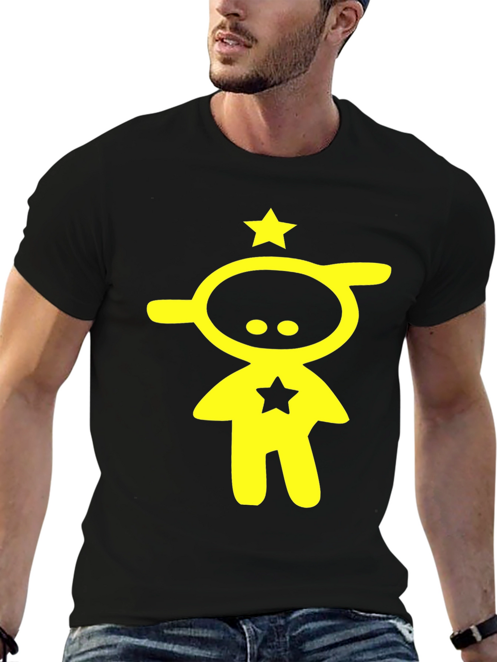 Abstract Yellow Star Character Black T-Shirt