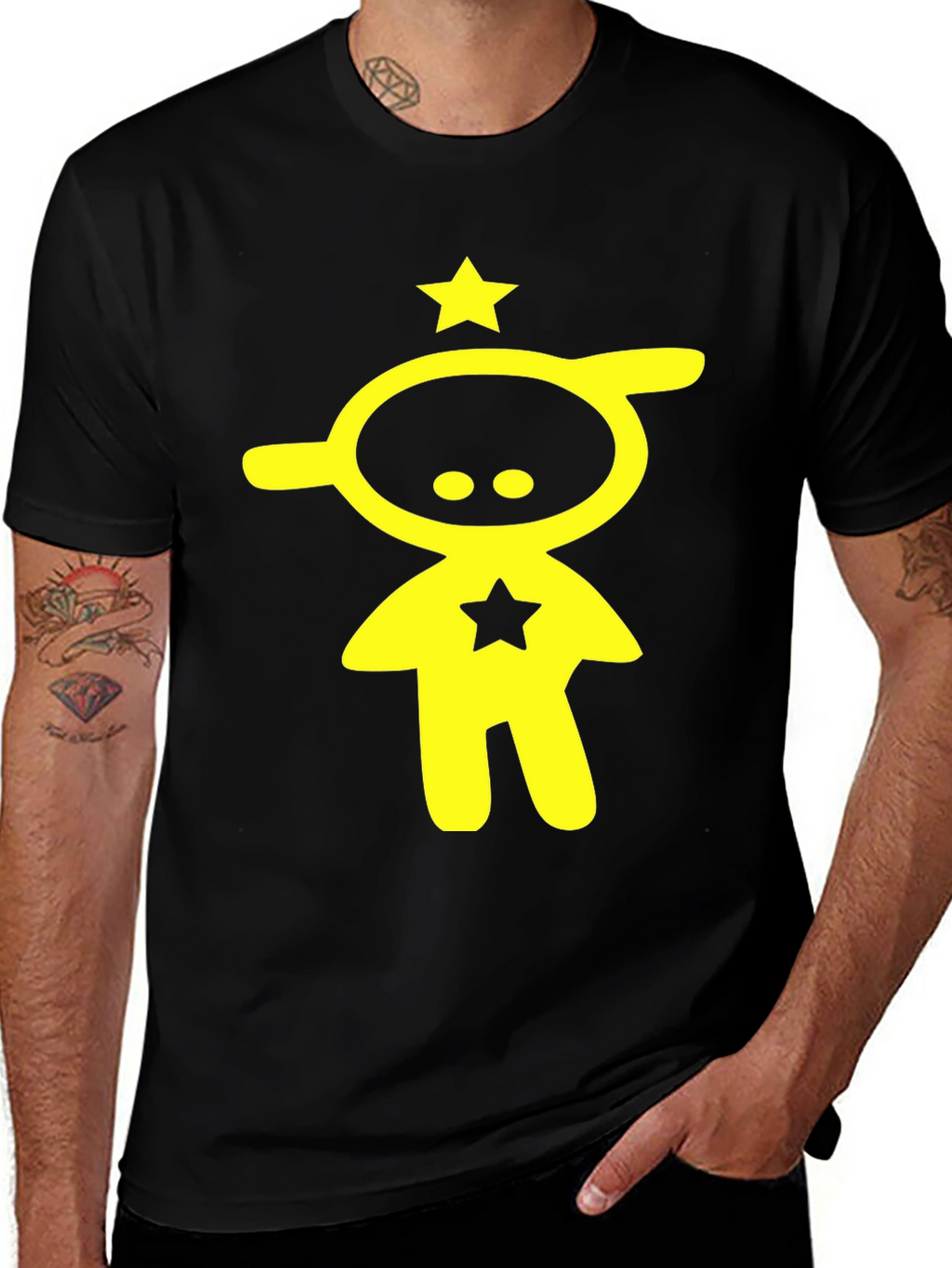 Abstract Yellow Star Character Black T-Shirt