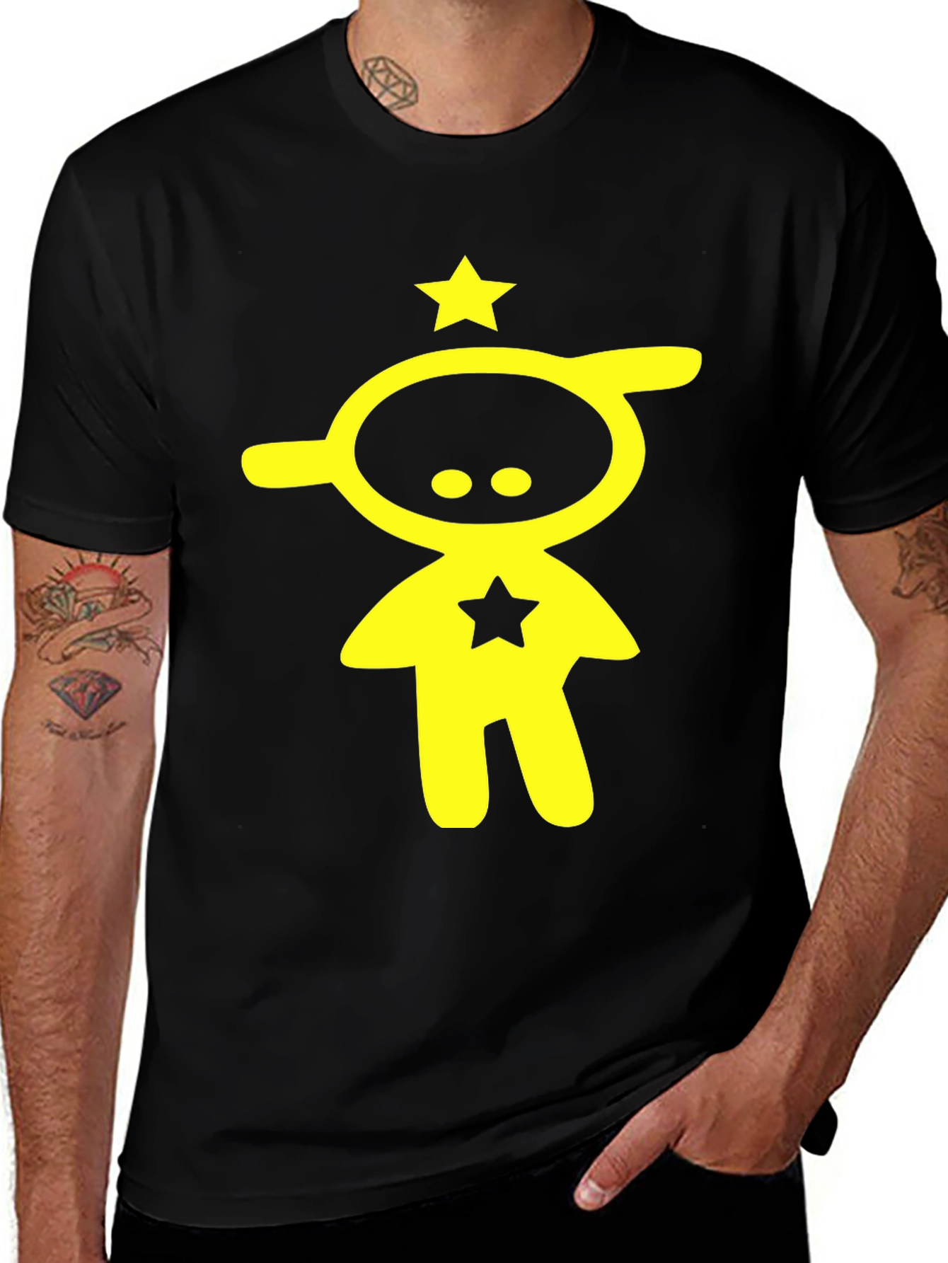 Abstract Yellow Star Character Black T-Shirt