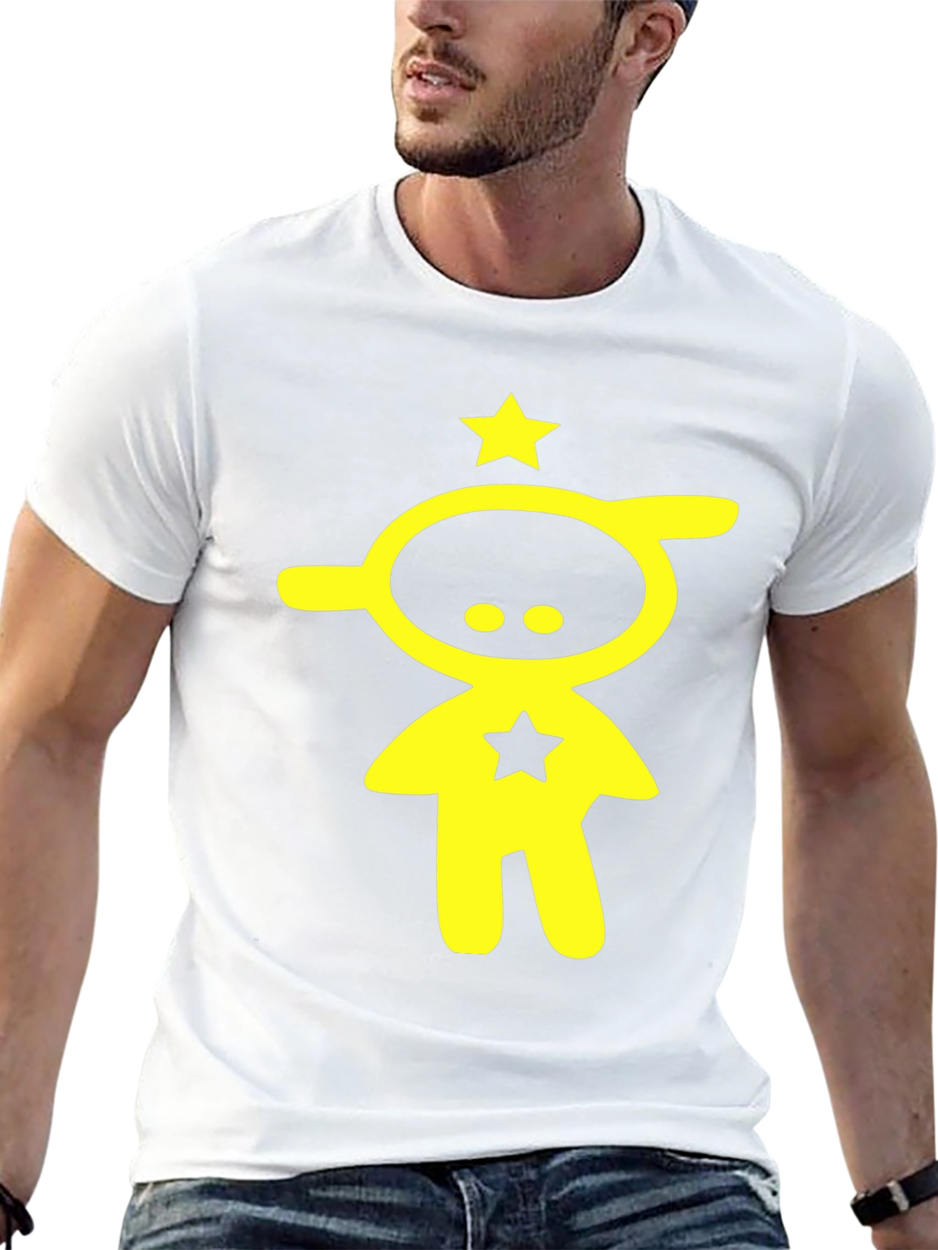 Abstract Yellow Star Character Black T-Shirt