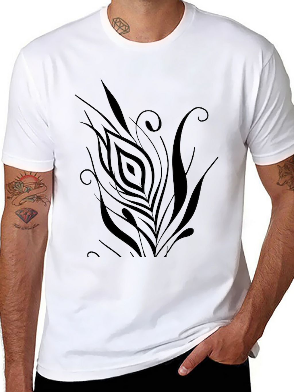 Mens Black T-Shirt with Abstract Feather Design