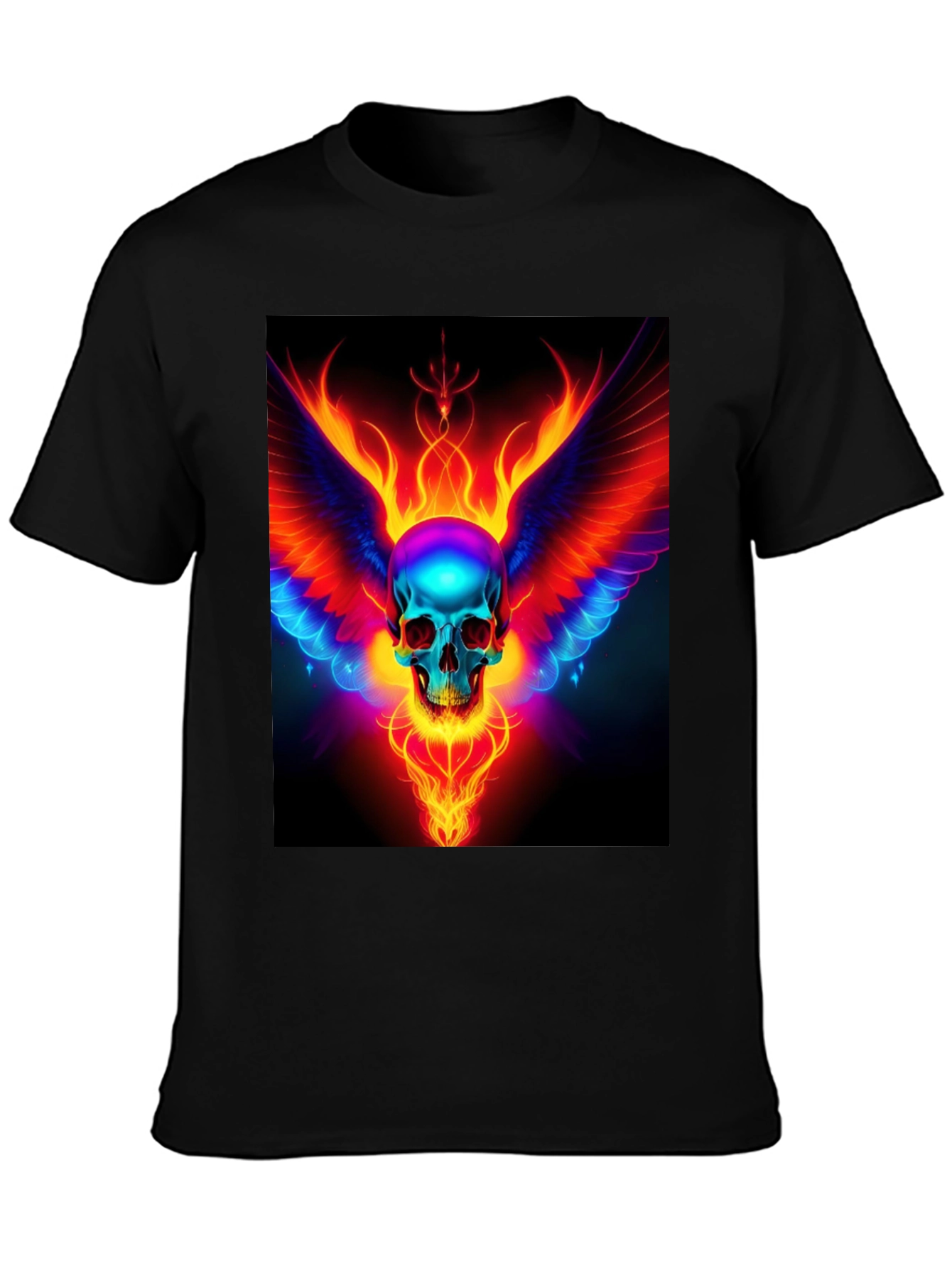 Flaming Skull Wings Graphic Black T-Shirt