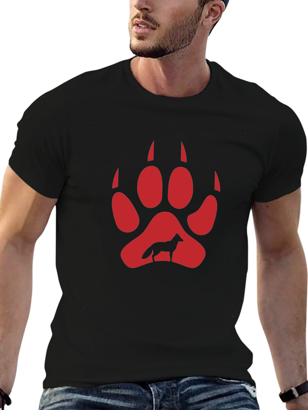 Wolf Paw Print Graphic Tee - Black Cotton Blend