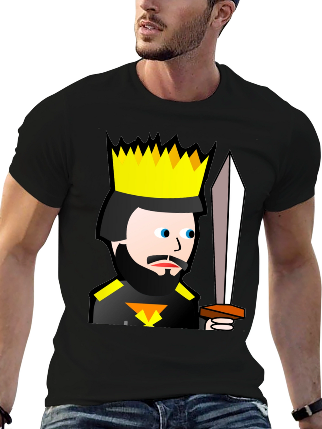 King Cartoon Black T-Shirt - Sword Graphic Tee