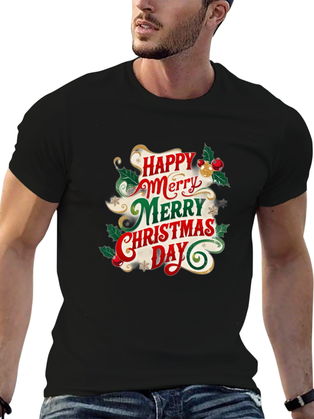 Festive Christmas T-Shirt - Happy Merry Christmas Day Design