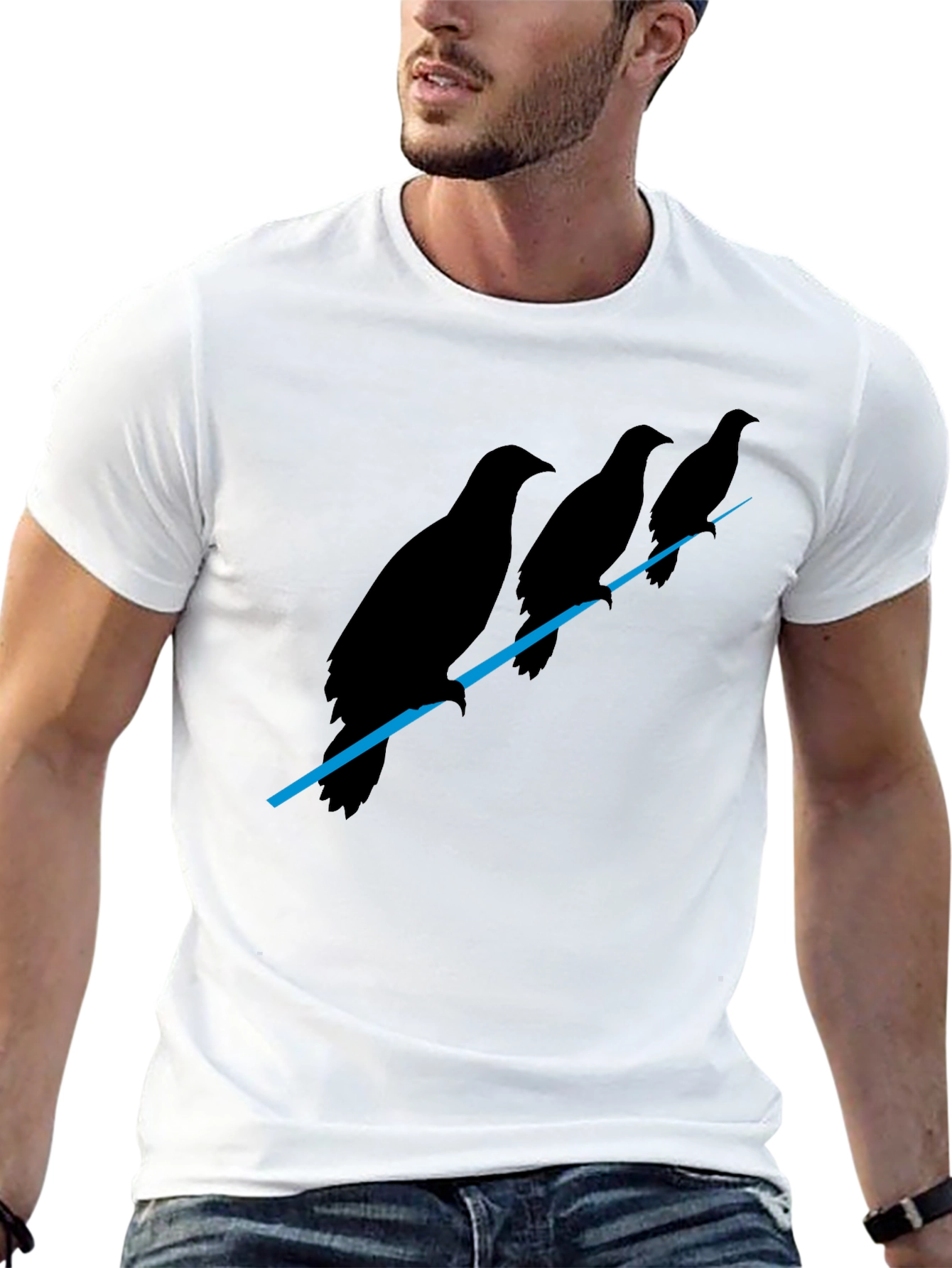 Mens Black Raven Birds on Wire Graphic T-Shirt