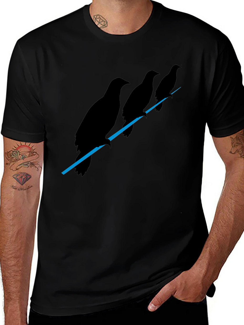 Mens Black Raven Birds on Wire Graphic T-Shirt