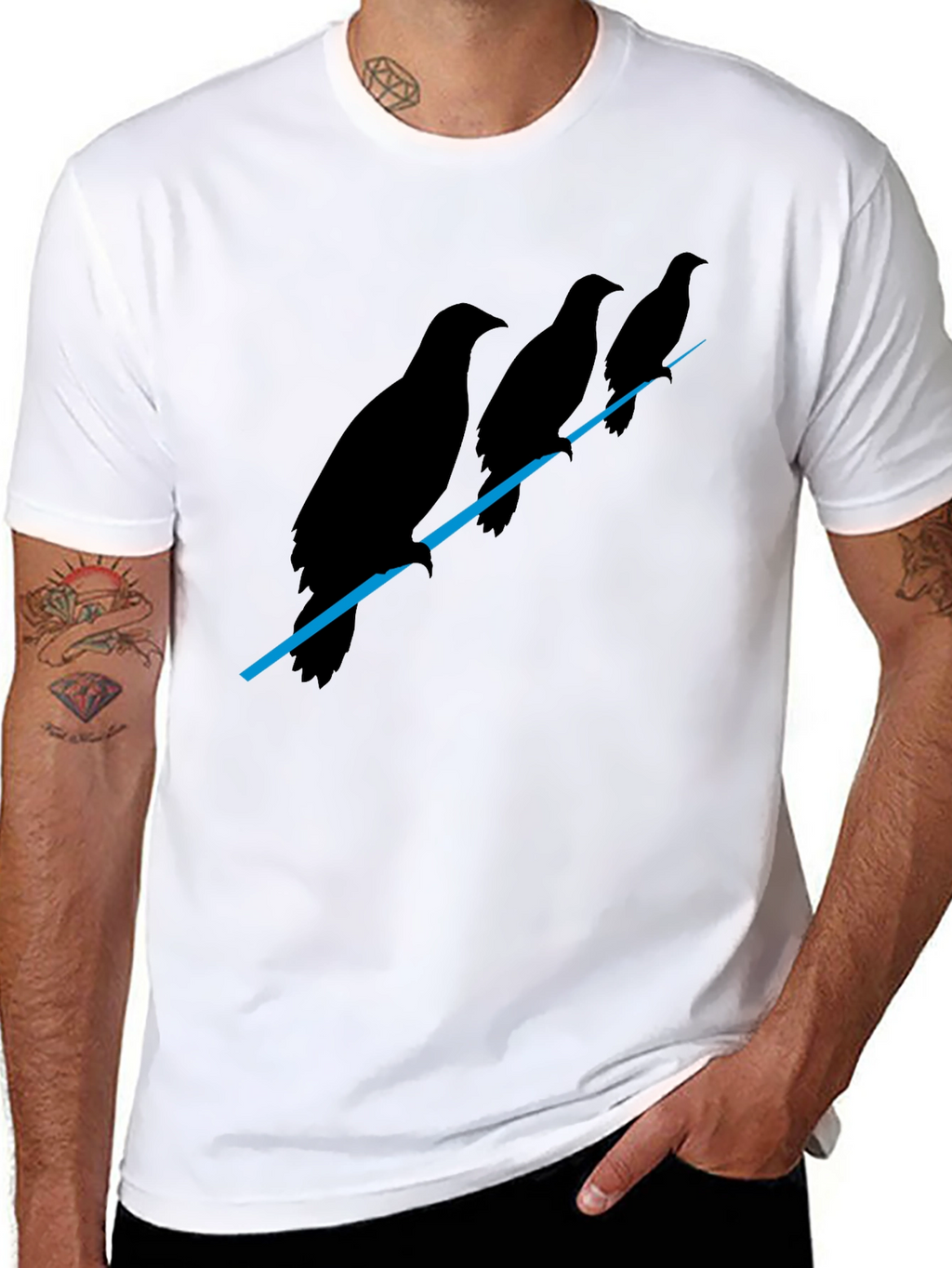 Mens Black Raven Birds on Wire Graphic T-Shirt