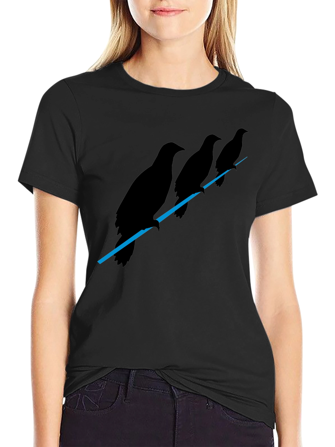 Mens Black Raven Birds on Wire Graphic T-Shirt