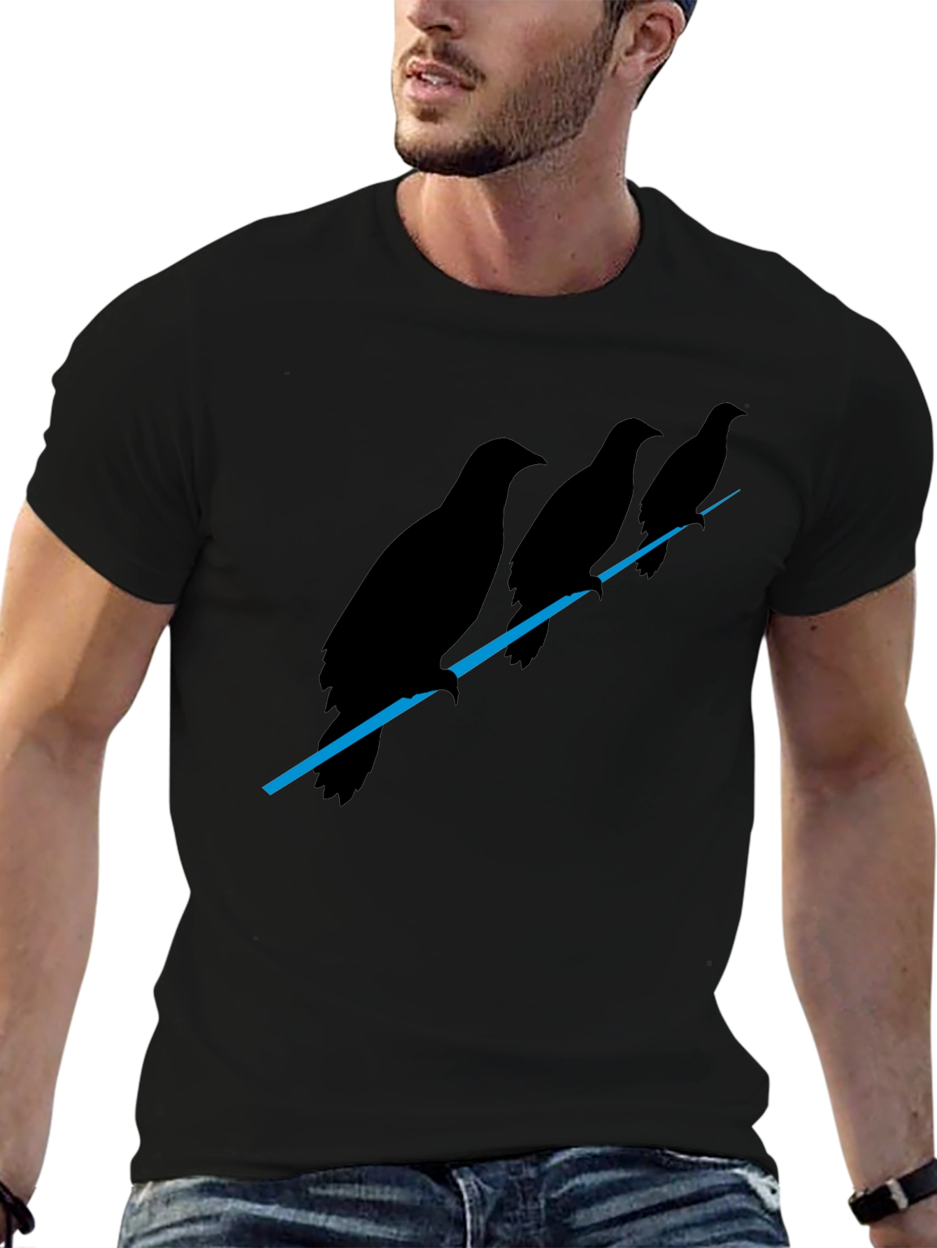 Mens Black Raven Birds on Wire Graphic T-Shirt