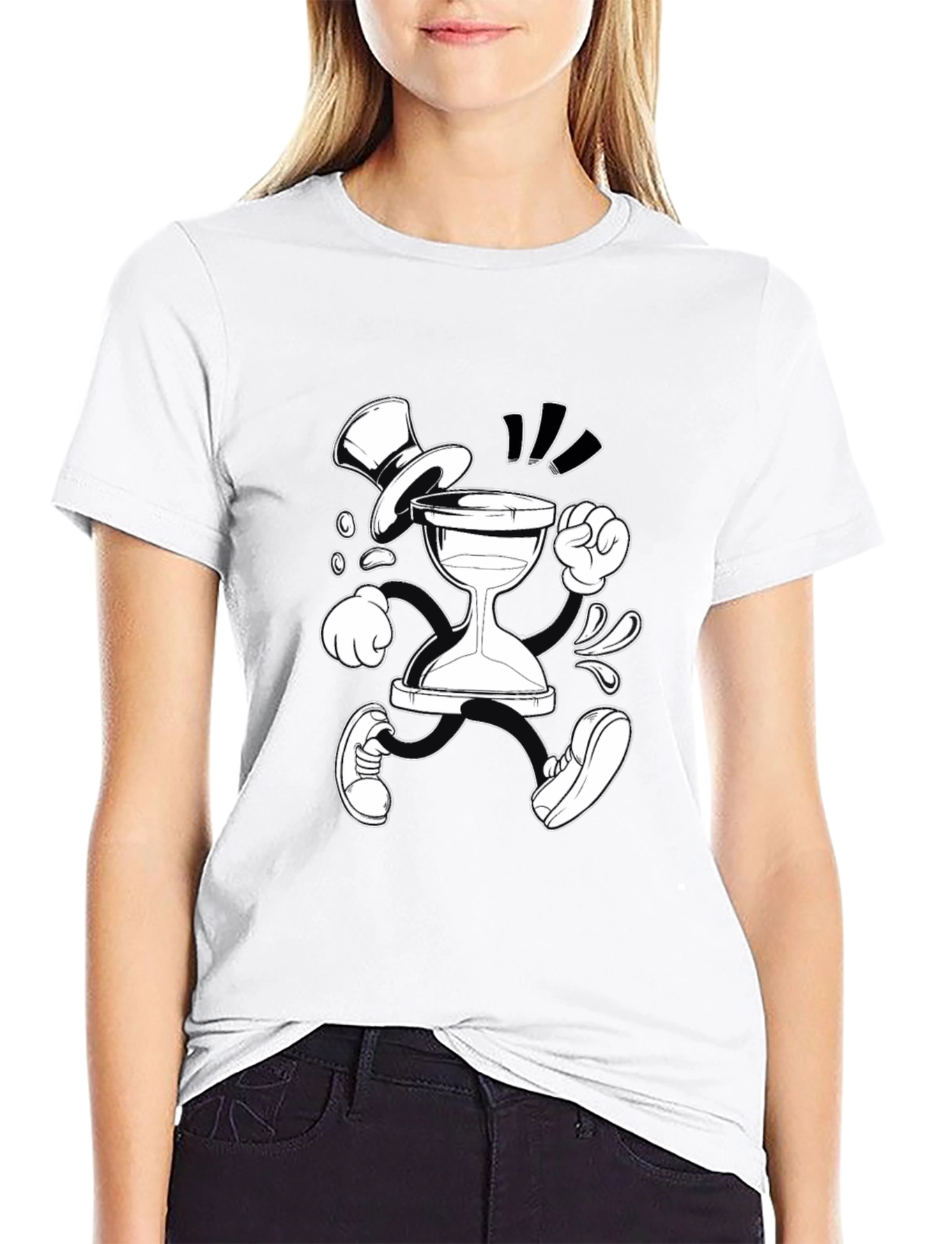 Cartoon Hourglass Character Graphic Tee - Black