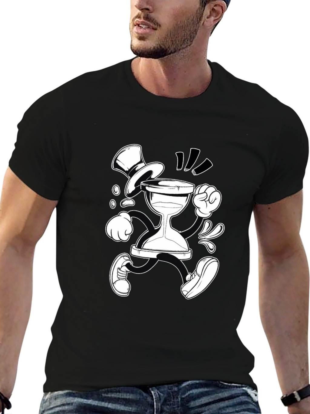Cartoon Hourglass Character Graphic Tee - Black