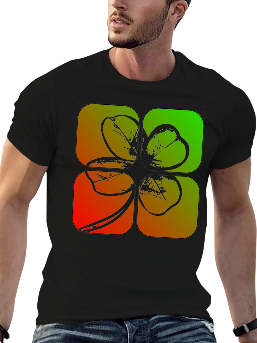 Lucky Four-Leaf Clover Graphic Black T-Shirt