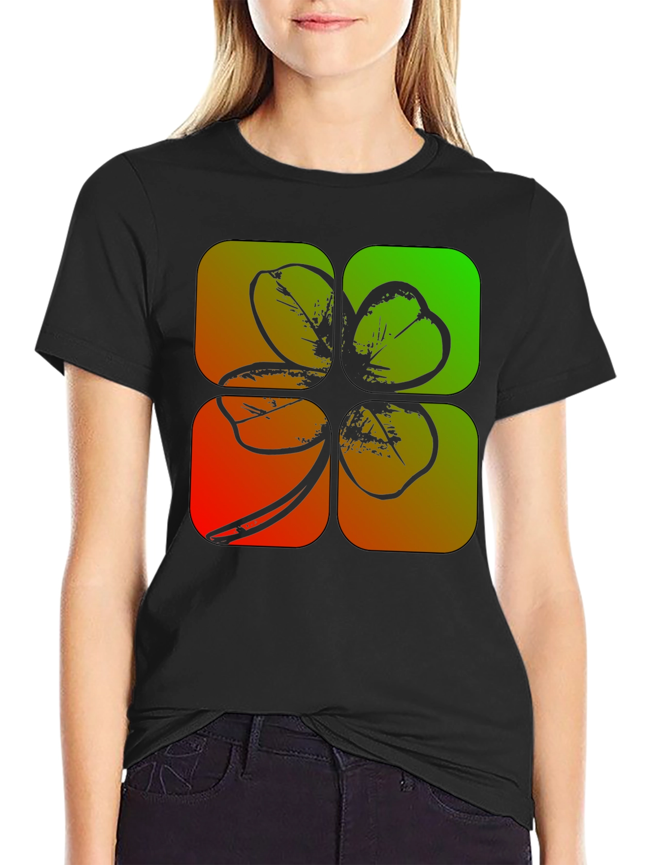 Lucky Four-Leaf Clover Graphic Black T-Shirt