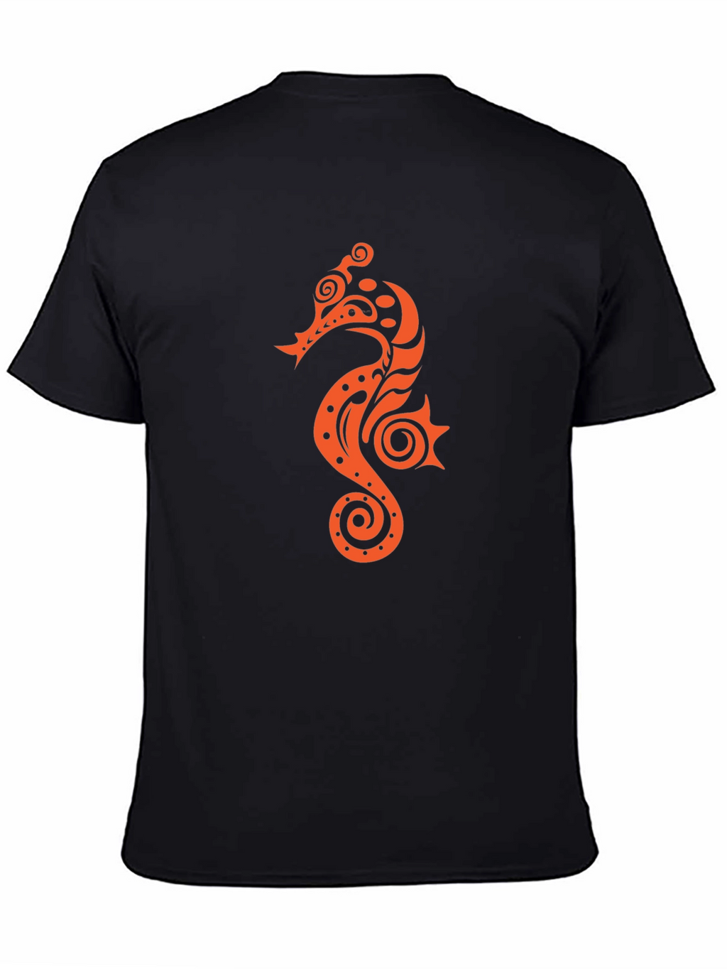 Black T-shirt with Orange Seahorse Design
