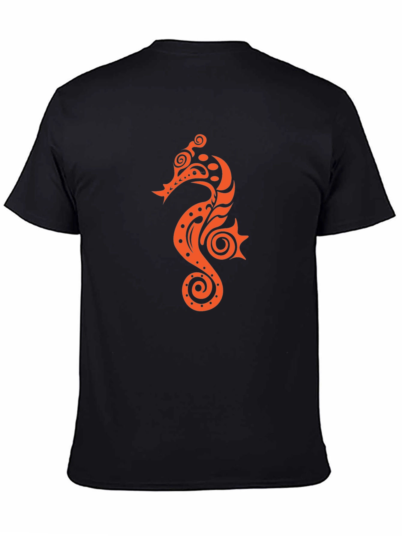Black T-shirt with Orange Seahorse Design