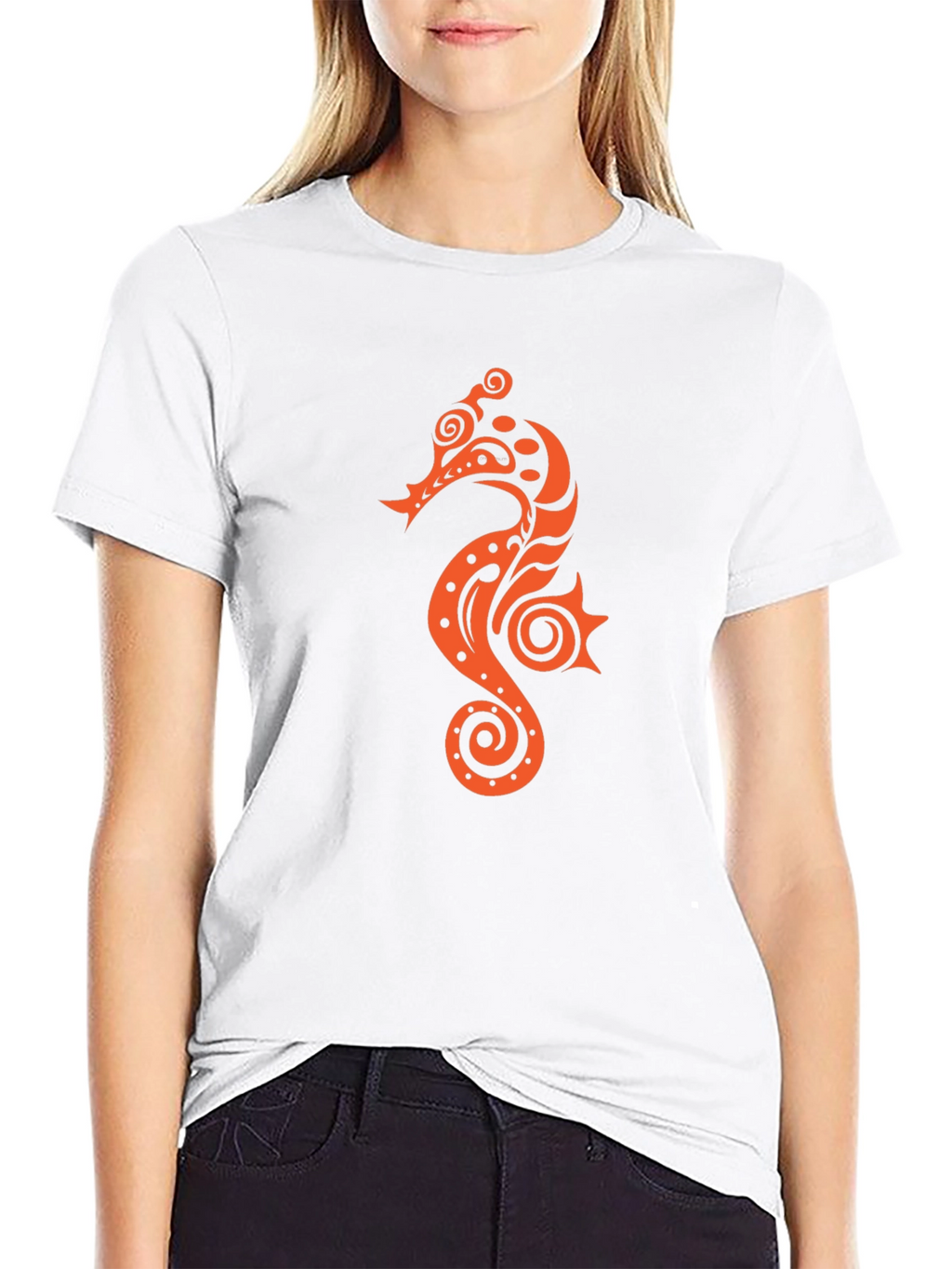 Black T-shirt with Orange Seahorse Design