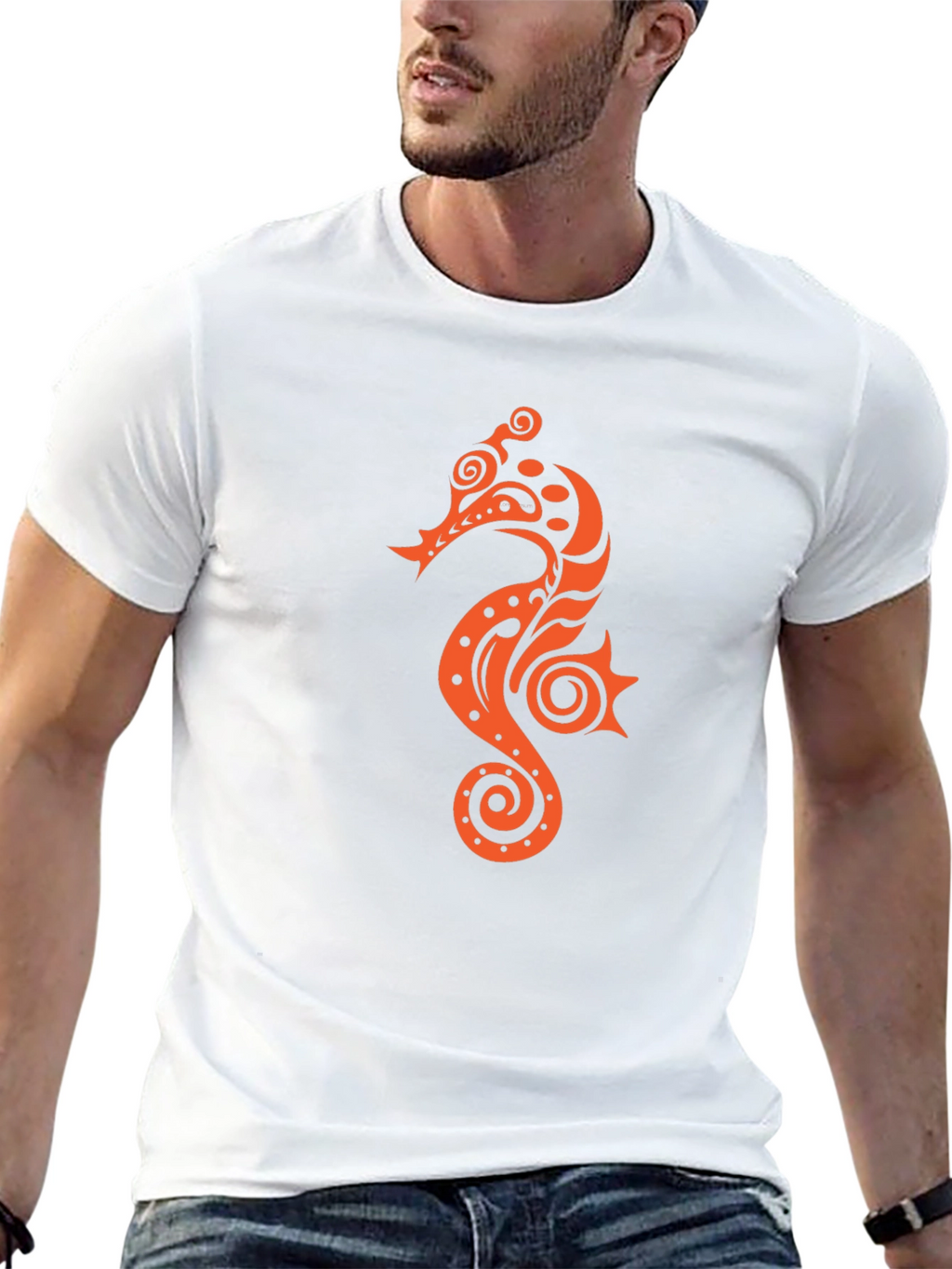 Black T-shirt with Orange Seahorse Design