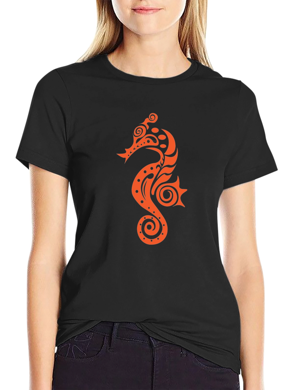 Black T-shirt with Orange Seahorse Design