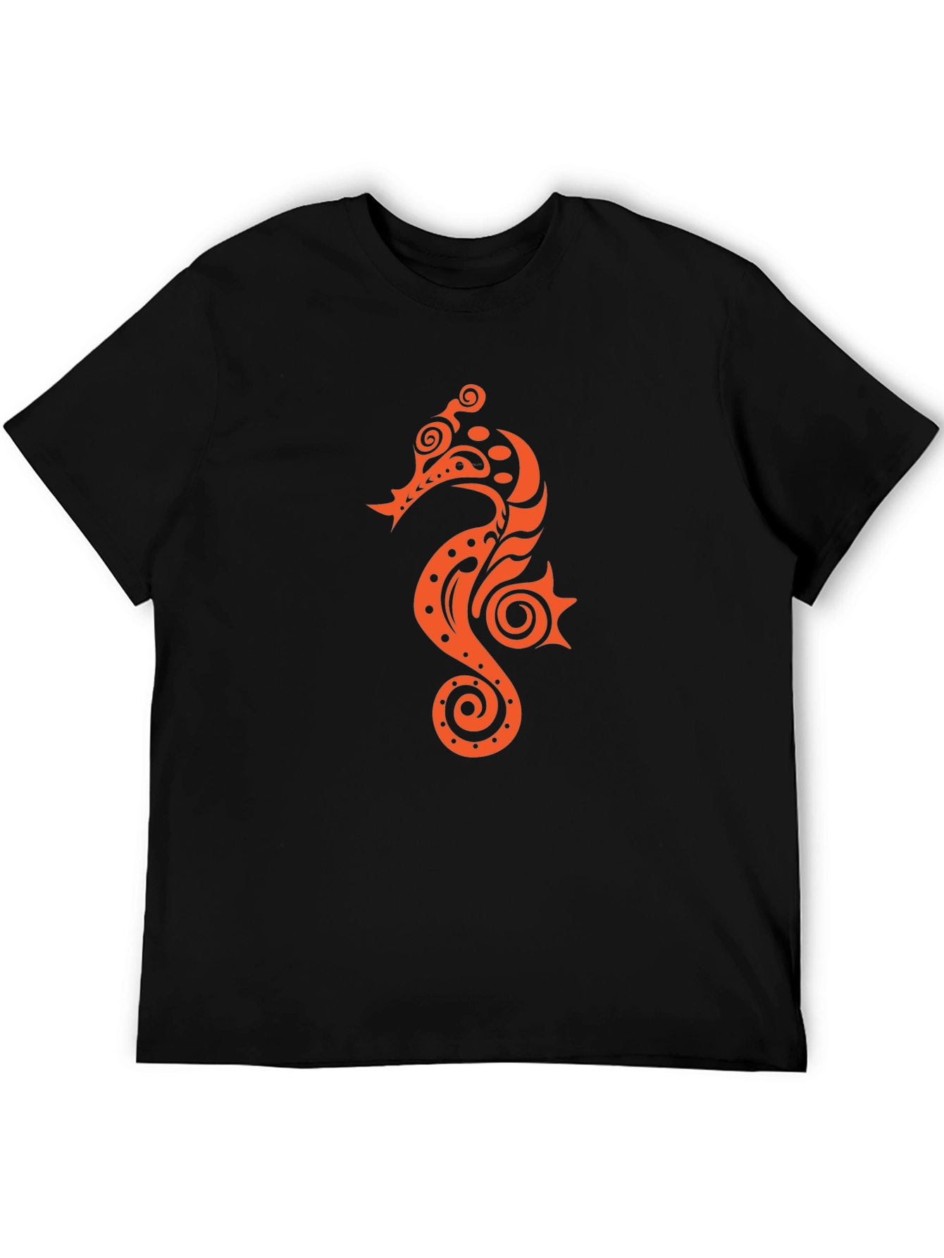 Black T-shirt with Orange Seahorse Design