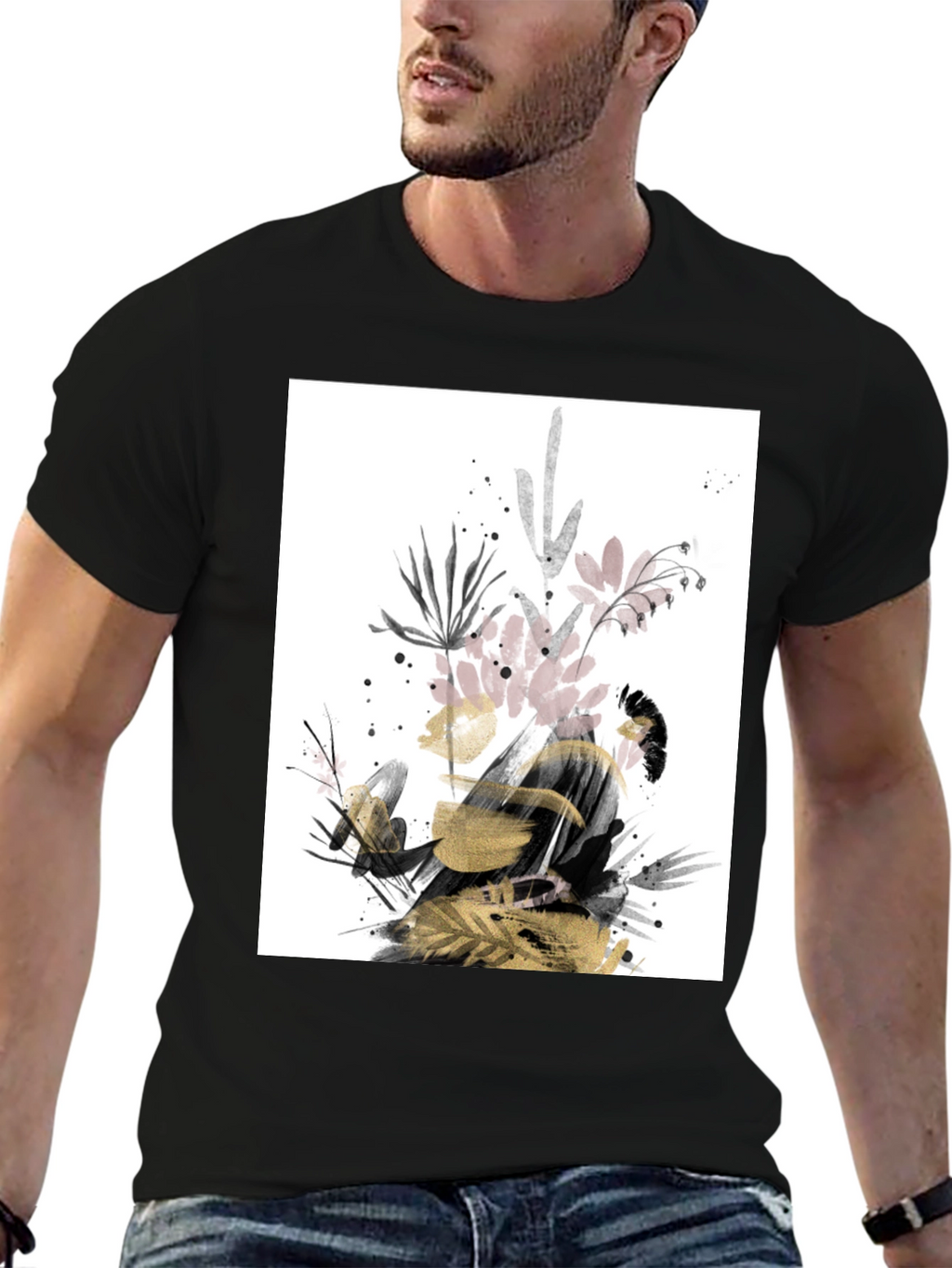Abstract Floral Print Black T-Shirt