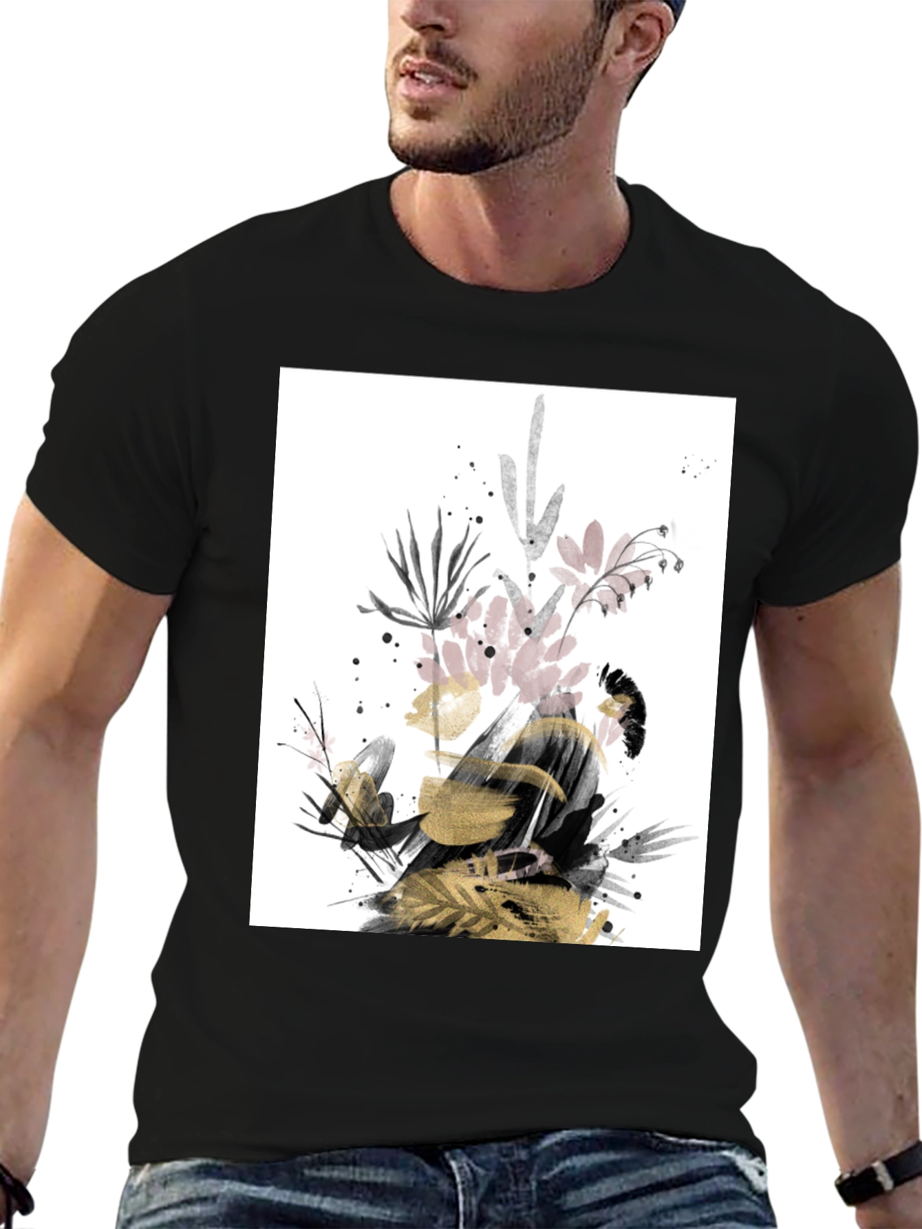 Abstract Floral Print Black T-Shirt