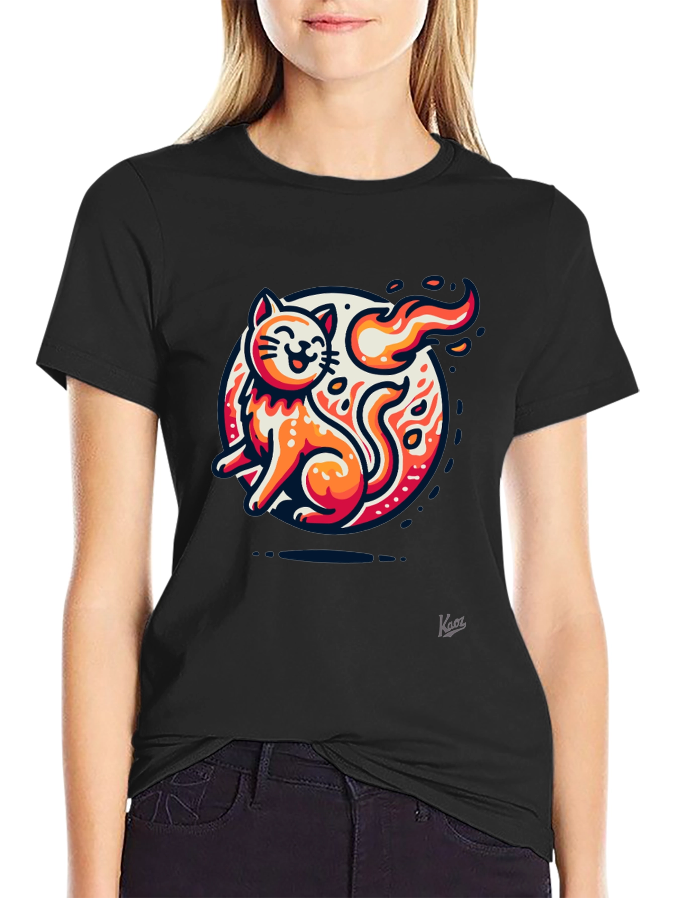 Fiery Cat Graphic Tee - Black