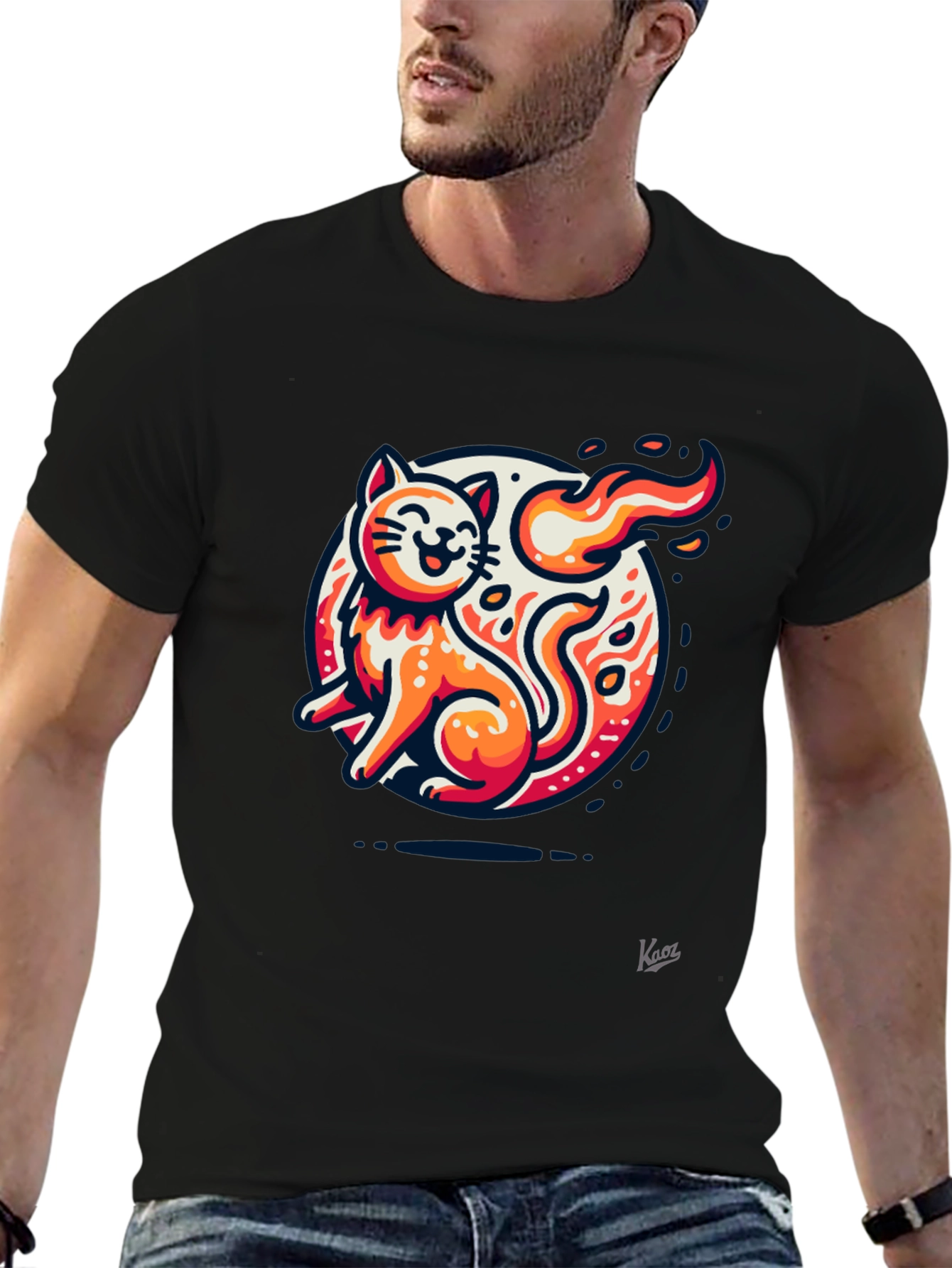 Fiery Cat Graphic Tee - Black