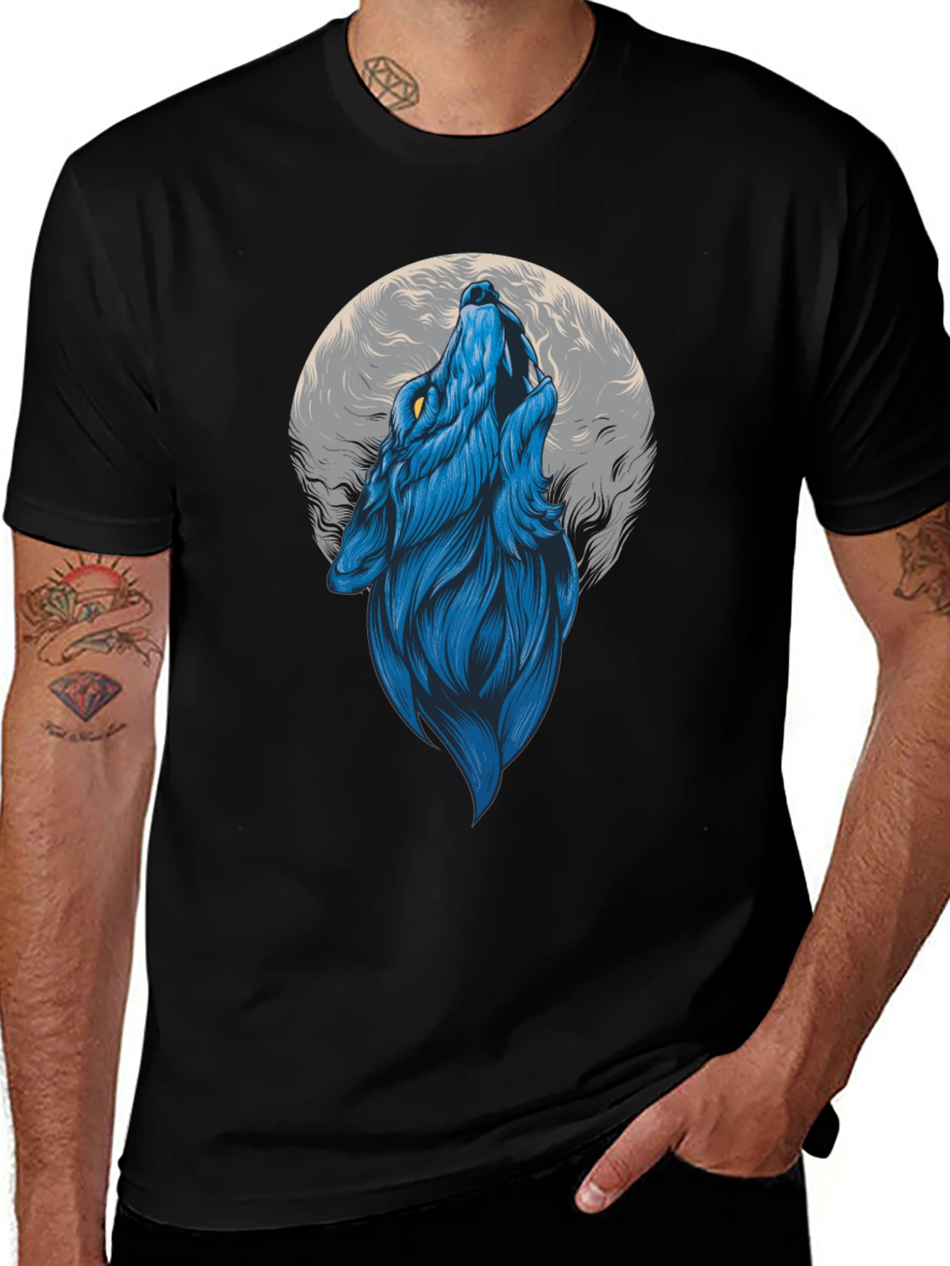 Blue Wolf Howling at Moon Graphic Tee
