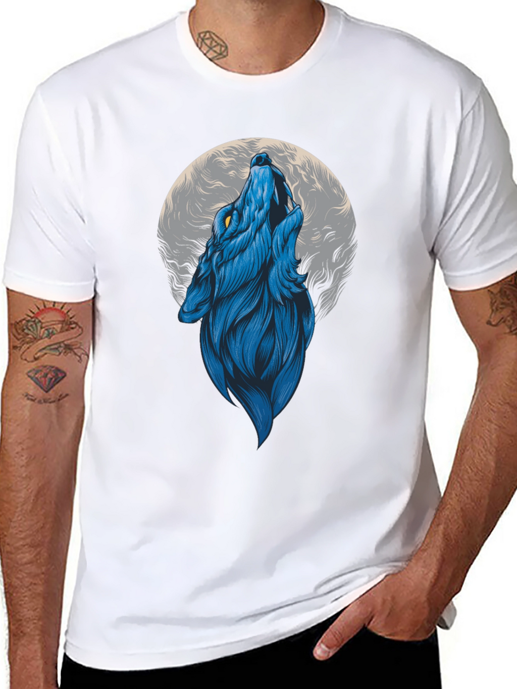 Blue Wolf Howling at Moon Graphic Tee