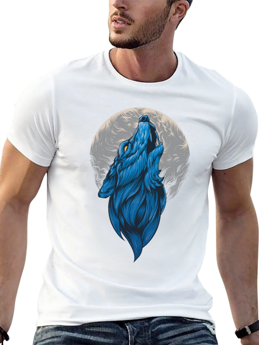 Blue Wolf Howling at Moon Graphic Tee