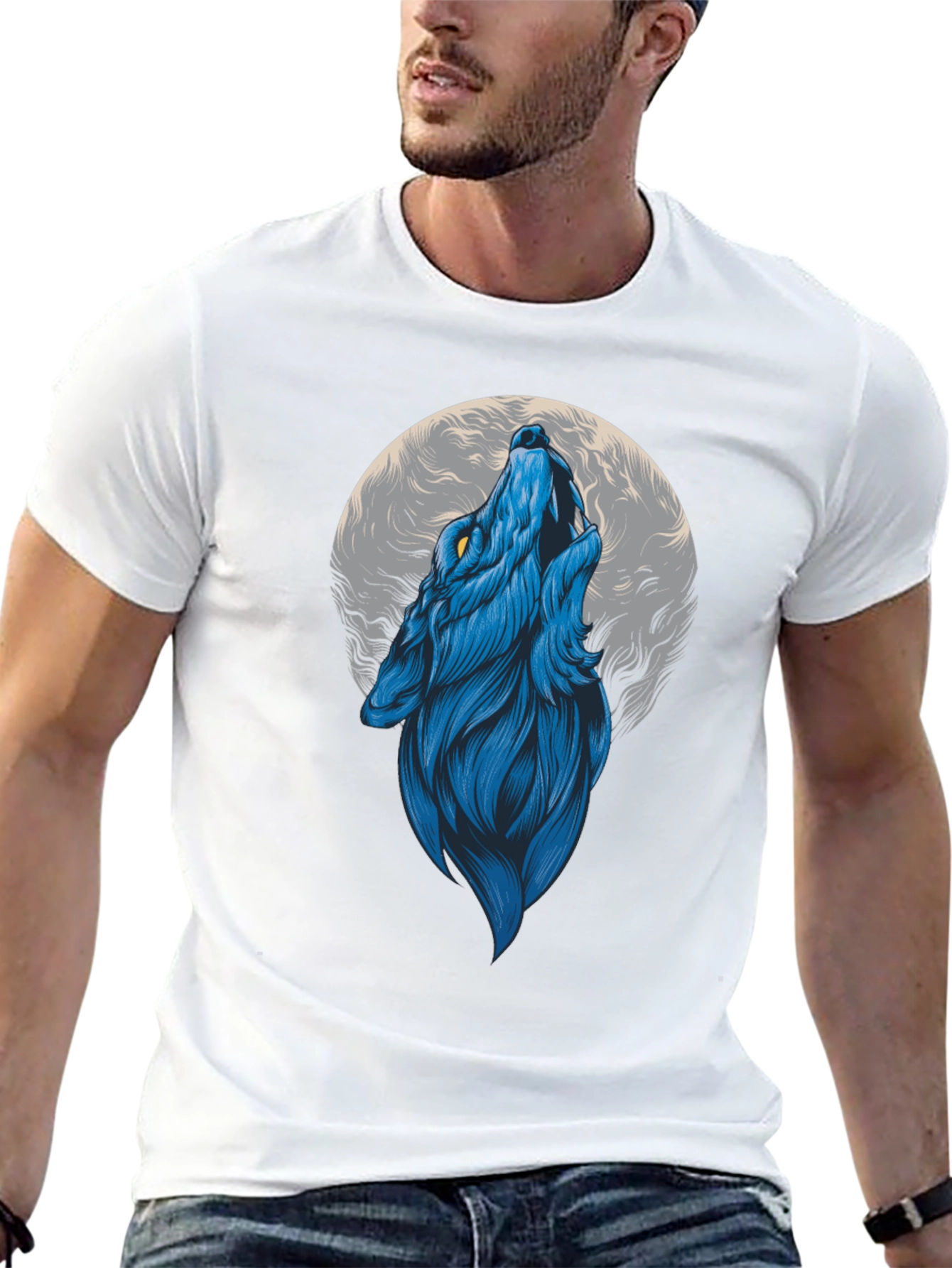 Blue Wolf Howling at Moon Graphic Tee