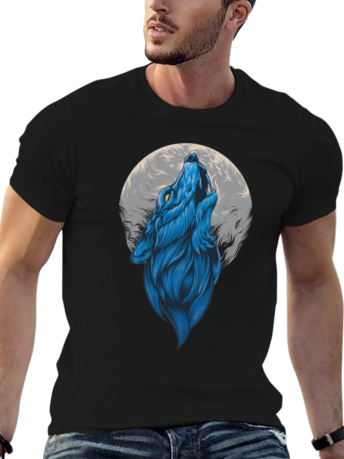Blue Wolf Howling at Moon Graphic Tee