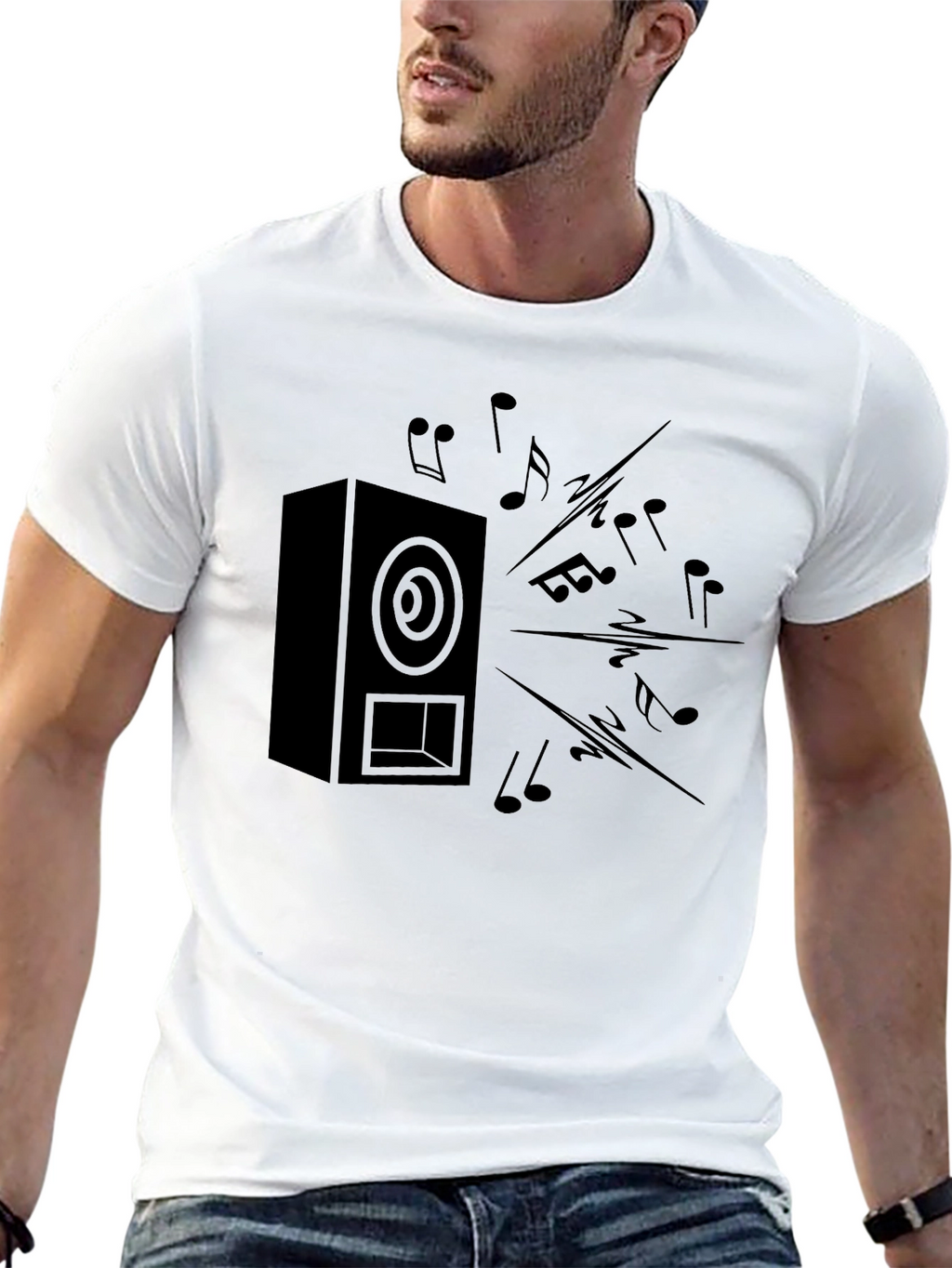 Black Speaker & Music Notes Graphic T-Shirt