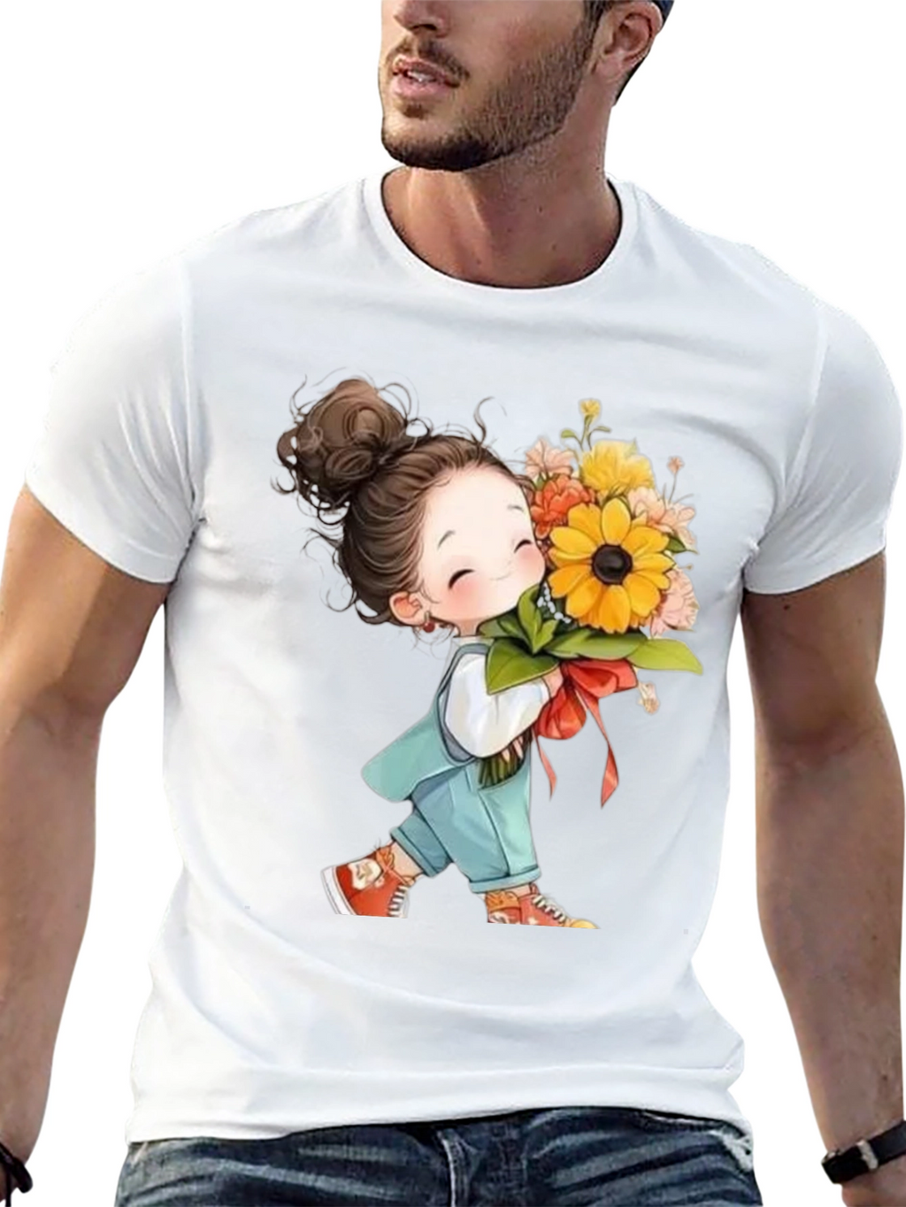 Cute Girl with Flowers Black T-Shirt