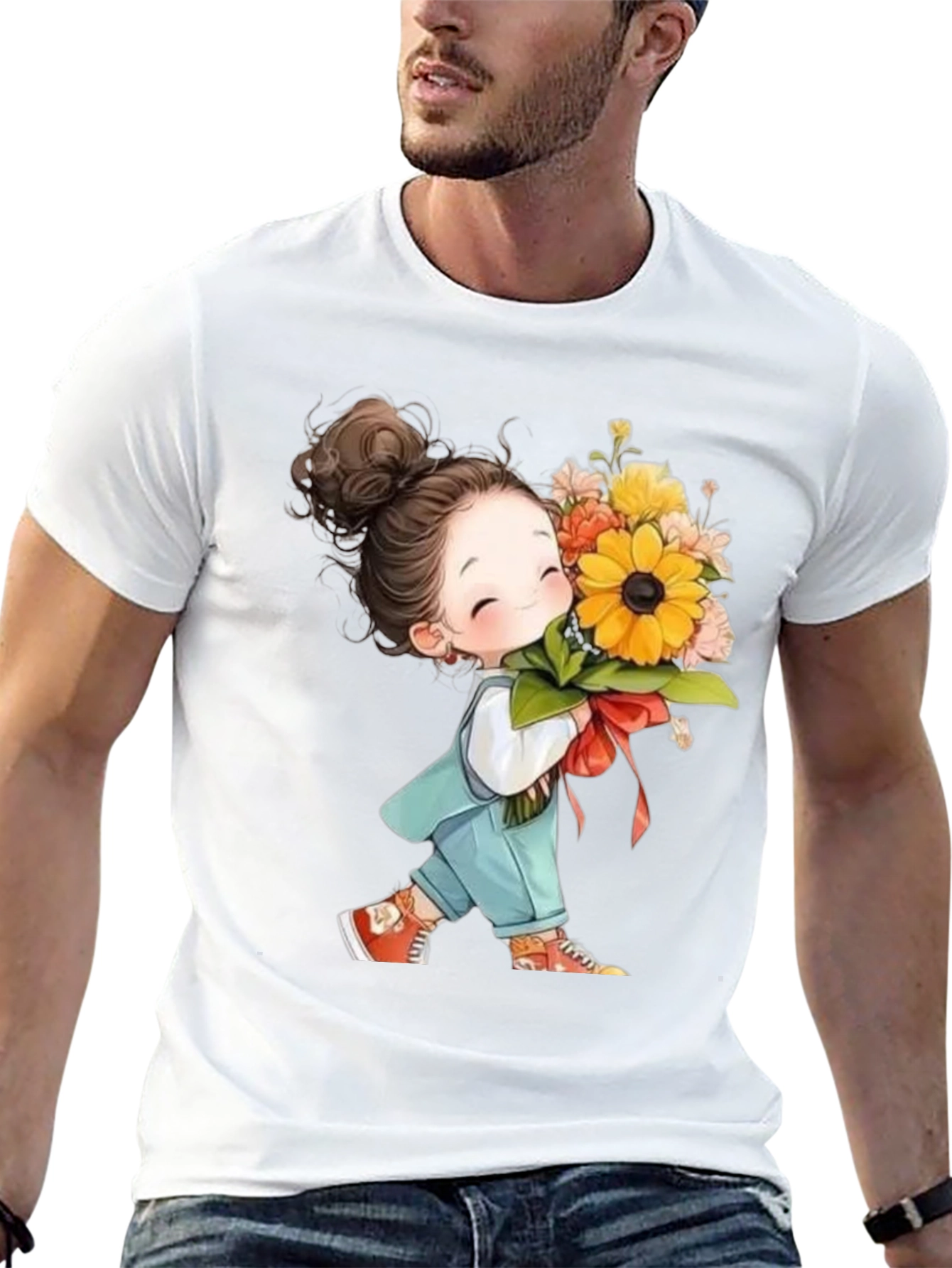 Cute Girl with Flowers Black T-Shirt