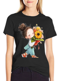 Cute Girl with Flowers Black T-Shirt