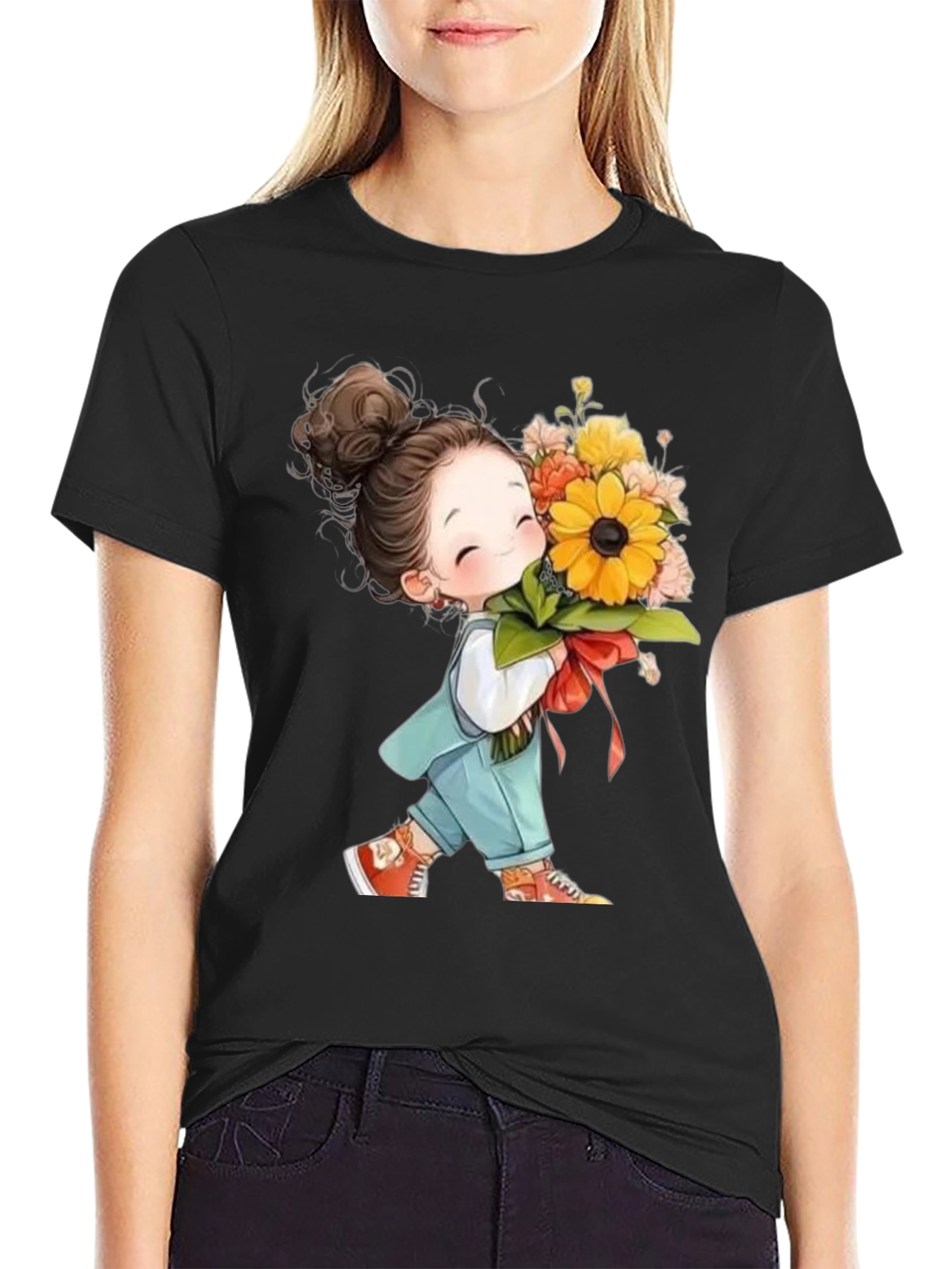Cute Girl with Flowers Black T-Shirt