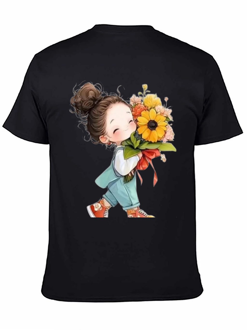 Cute Girl with Flowers Black T-Shirt