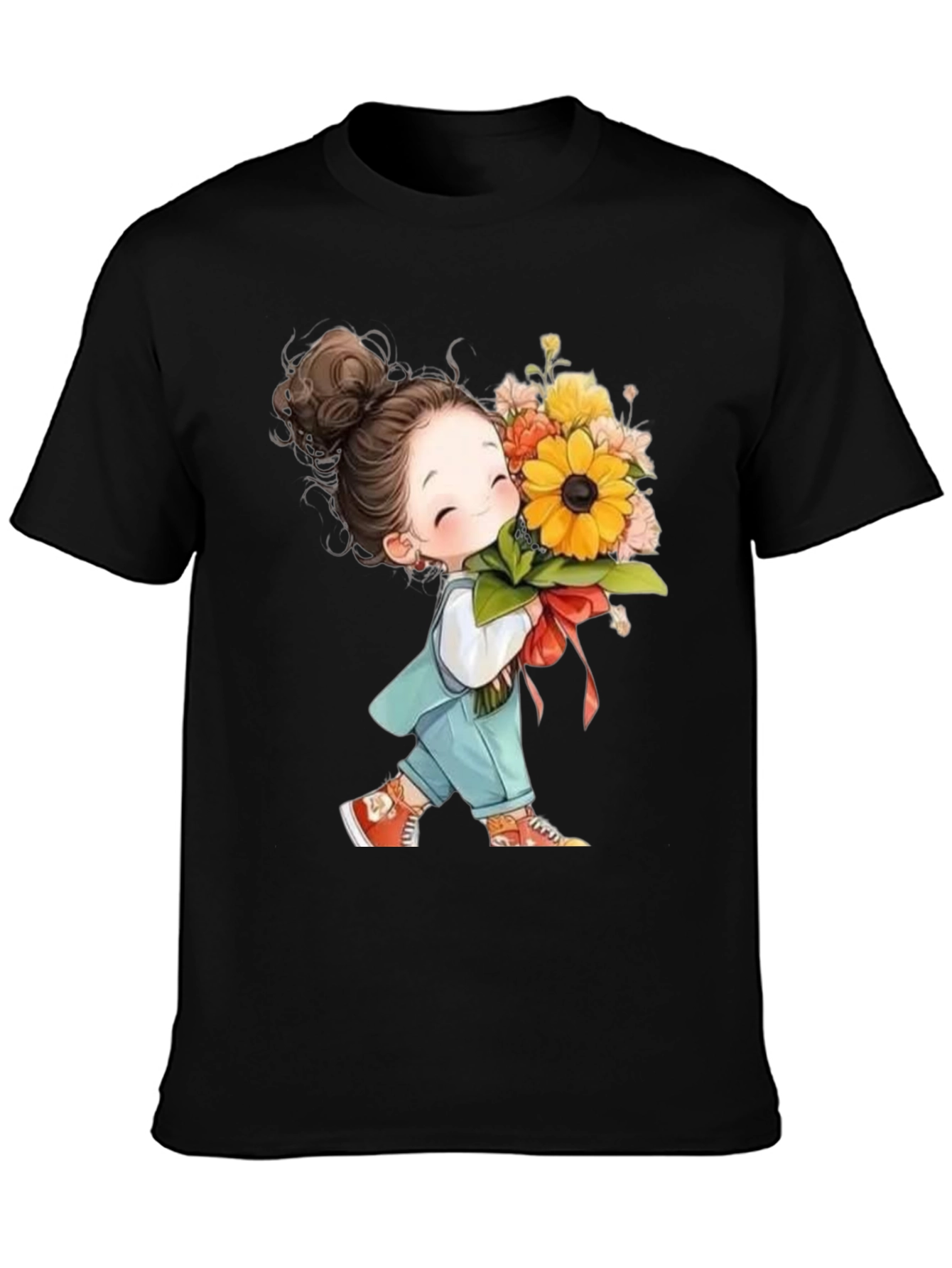 Cute Girl with Flowers Black T-Shirt