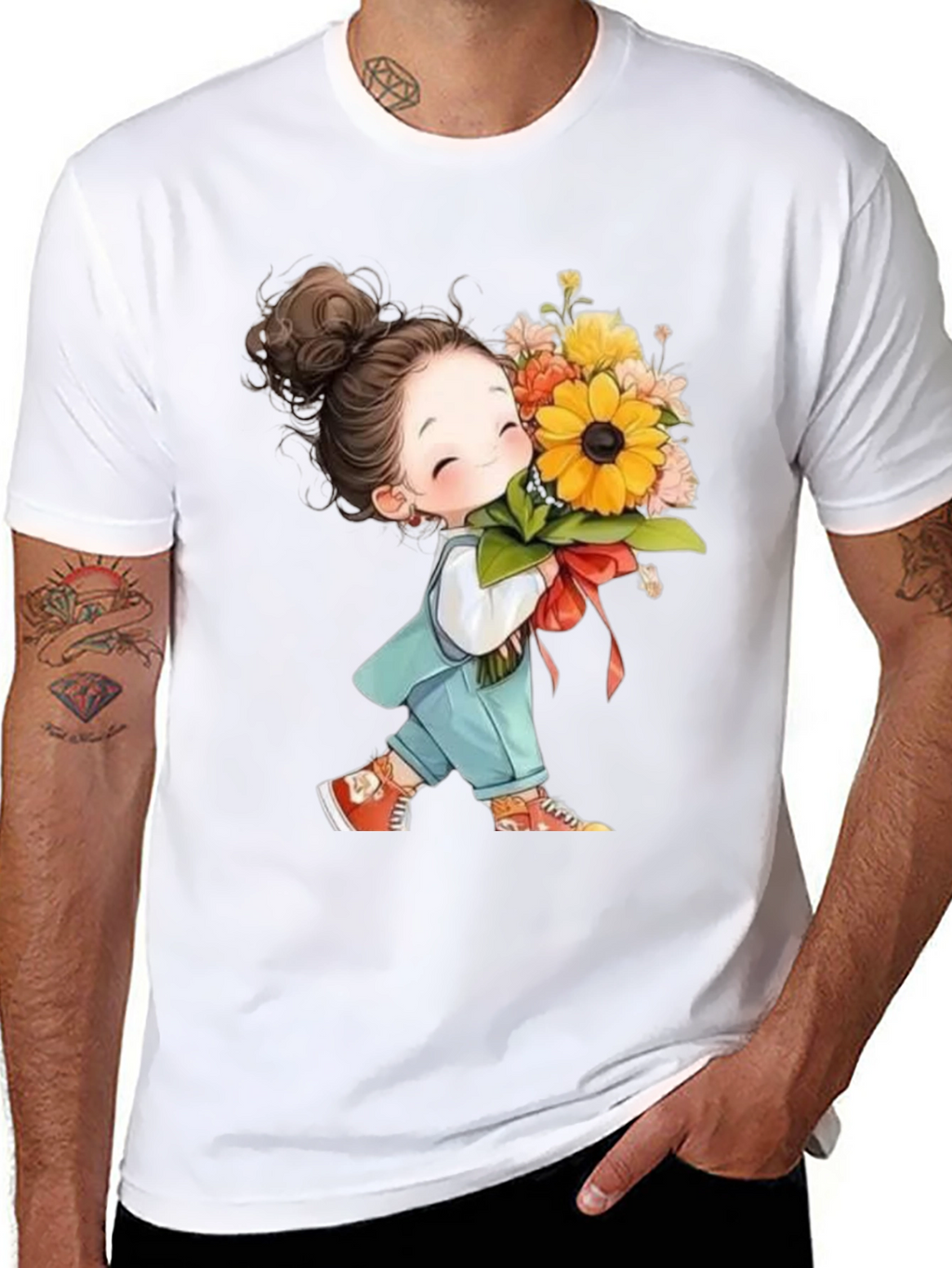 Cute Girl with Flowers Black T-Shirt